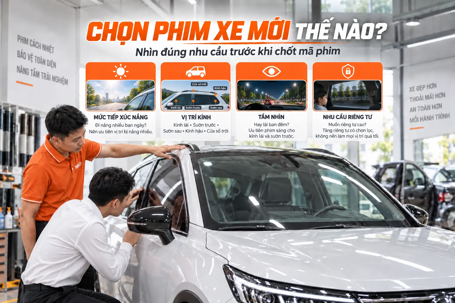 Cách chọn phim cách nhiệt cho xe mới theo mức tiếp xúc nắng, vị trí kính, tầm nhìn và nhu cầu riêng tư