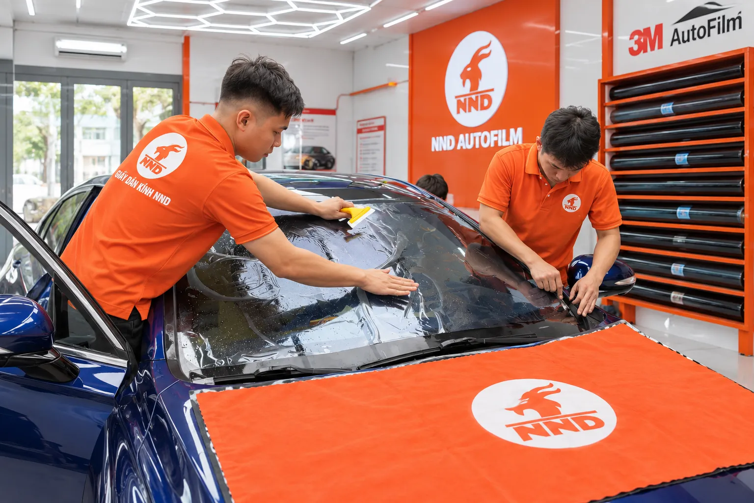 Kỹ thuật viên NND thi công phim cách nhiệt mới trên kính lái ô tô sau khi xử lý phim cũ