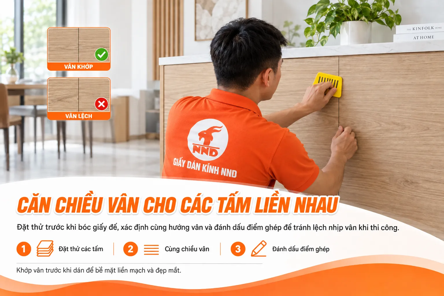 Thợ NND căn cùng chiều vân giữa các tấm decal vân gỗ trước khi dán