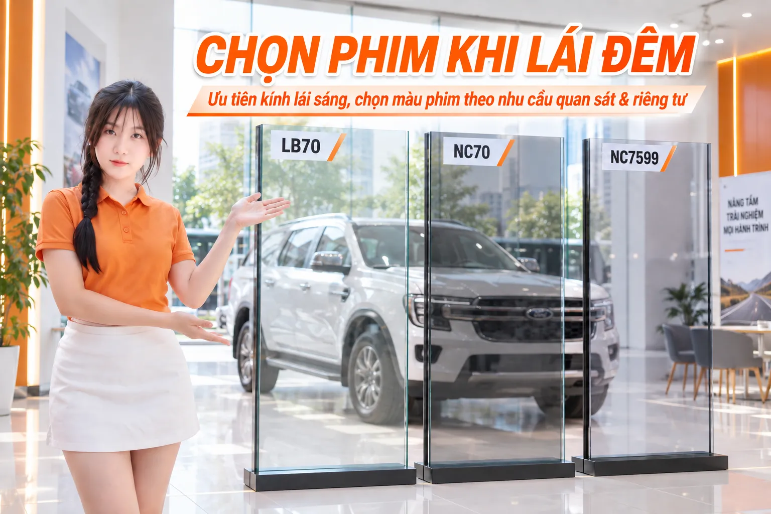 So sánh các mã phim cách nhiệt LB70 NC70 và NC7599 cho kính lái ưu tiên độ truyền sáng khi lái đêm