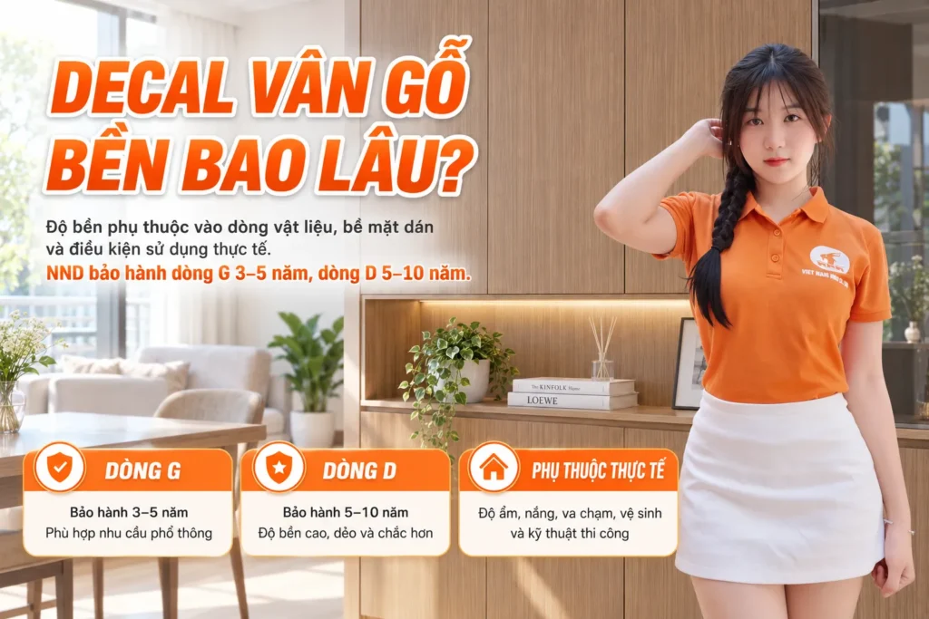 Độ bền decal vân gỗ phụ thuộc vật liệu bề mặt và điều kiện sử dụng với bảo hành dòng G và dòng D