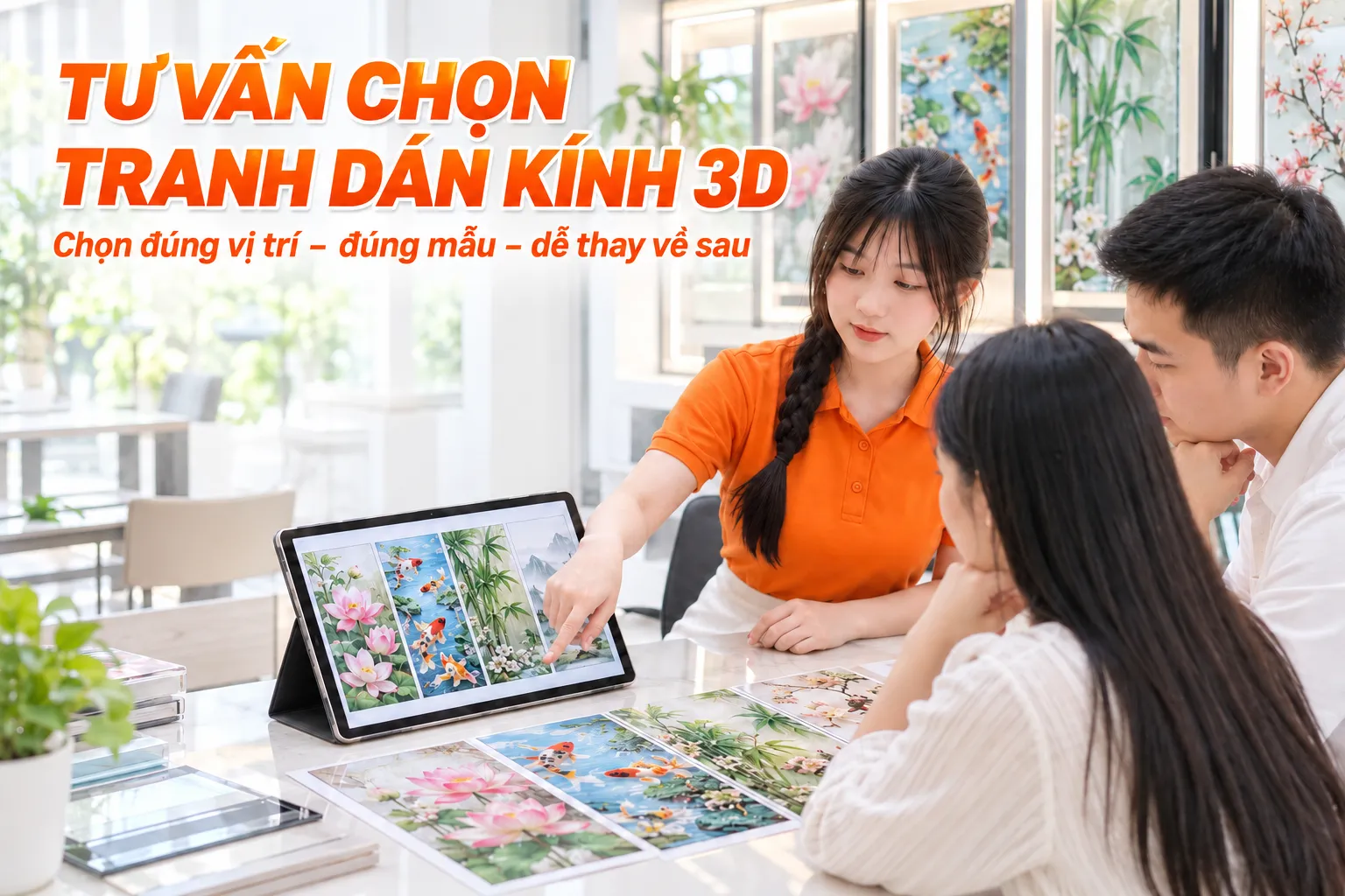 Nhân viên NND tư vấn khách hàng chọn mẫu tranh dán kính 3D phù hợp