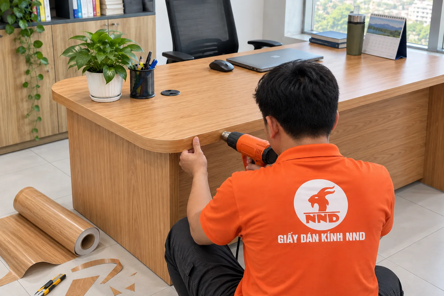 Thợ NND dùng nhiệt để ôm decal vân gỗ vào cạnh bo cong của bàn làm việc