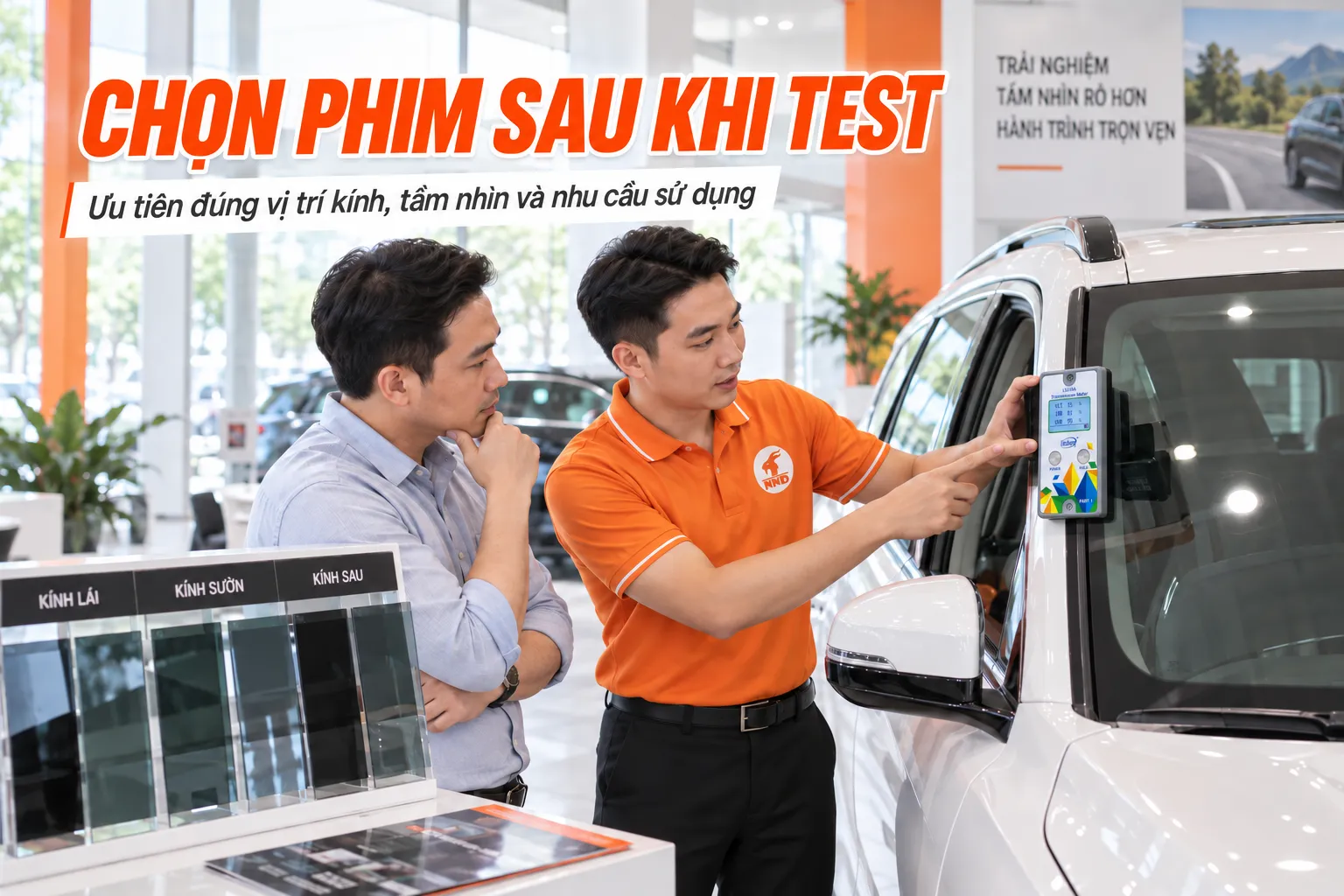Nhân viên NND đo và tư vấn phim cách nhiệt theo vị trí kính và nhu cầu sử dụng thực tế