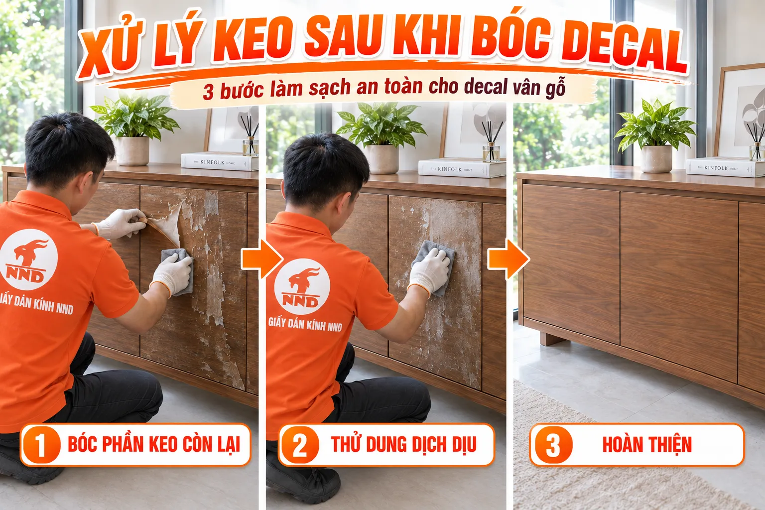 Các bước xử lý keo còn lại trên bề mặt tủ sau khi bóc decal vân gỗ