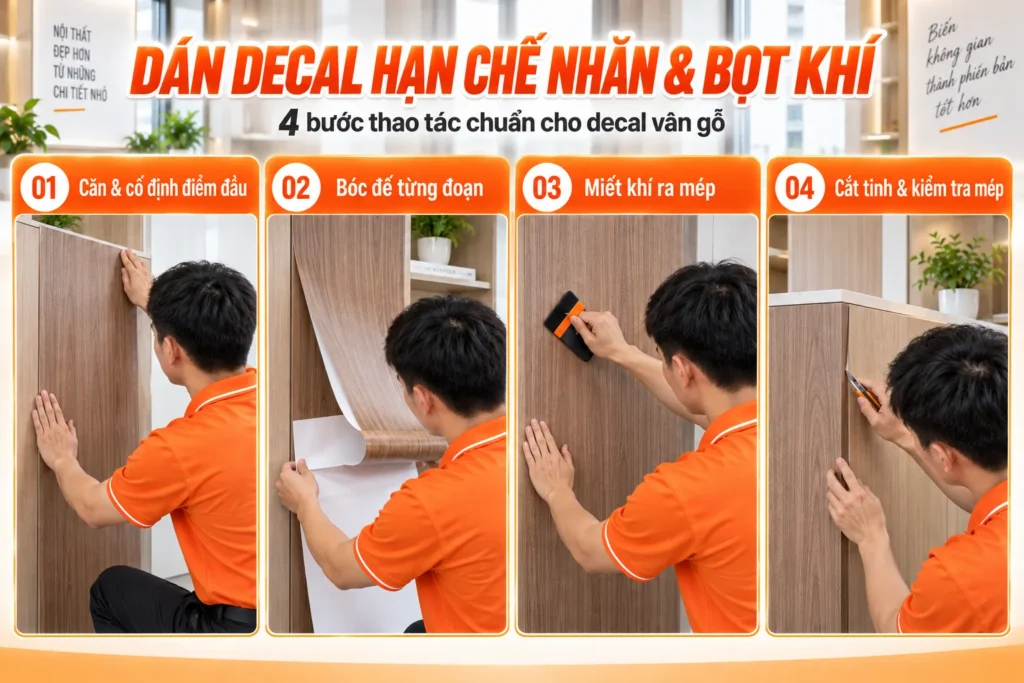 Bốn bước dán decal vân gỗ hạn chế nhăn và bọt khí từ căn tấm đến cắt mép