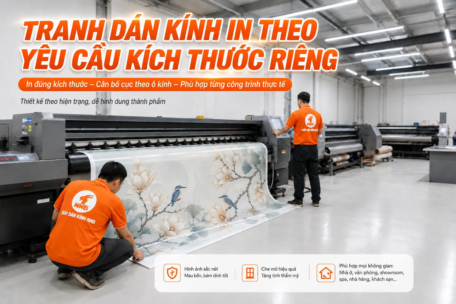 NND in tranh dán kính 3D theo kích thước riêng và chia bố cục phù hợp từng công trình