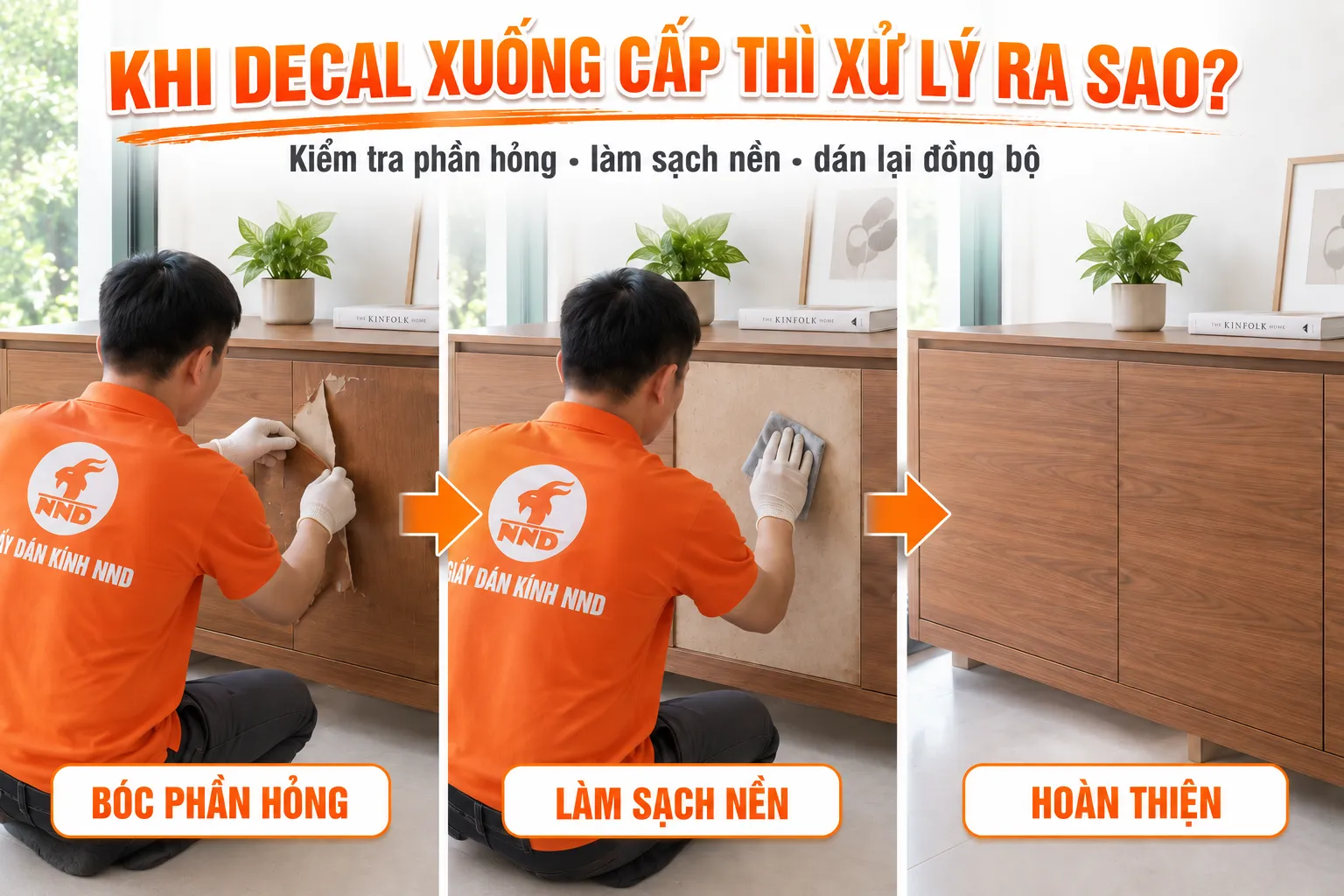 Quy trình bóc phần decal vân gỗ hỏng làm sạch nền và dán lại bề mặt