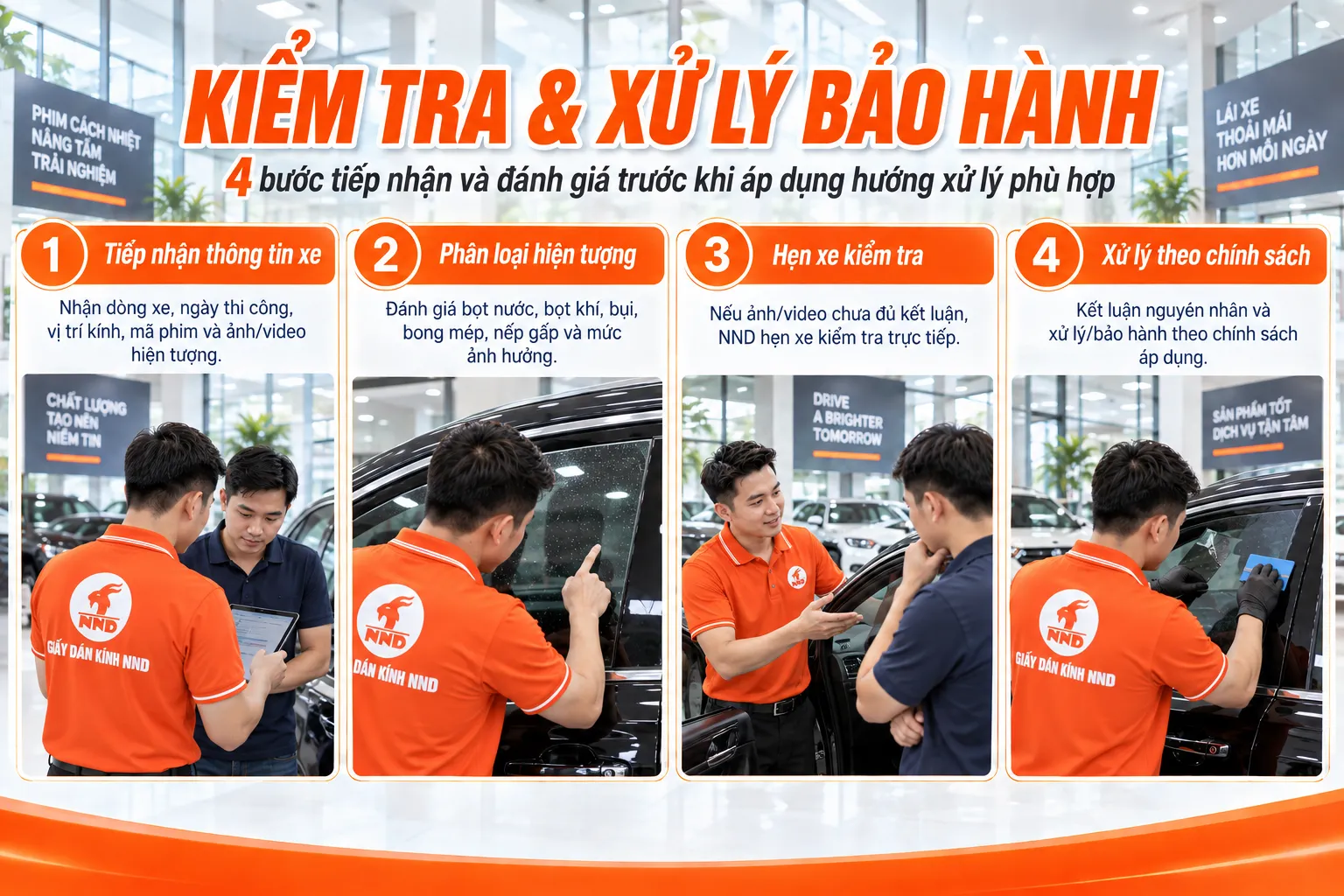 Quy trình NND kiểm tra phân loại và xử lý bảo hành phim cách nhiệt ô tô sau thi công