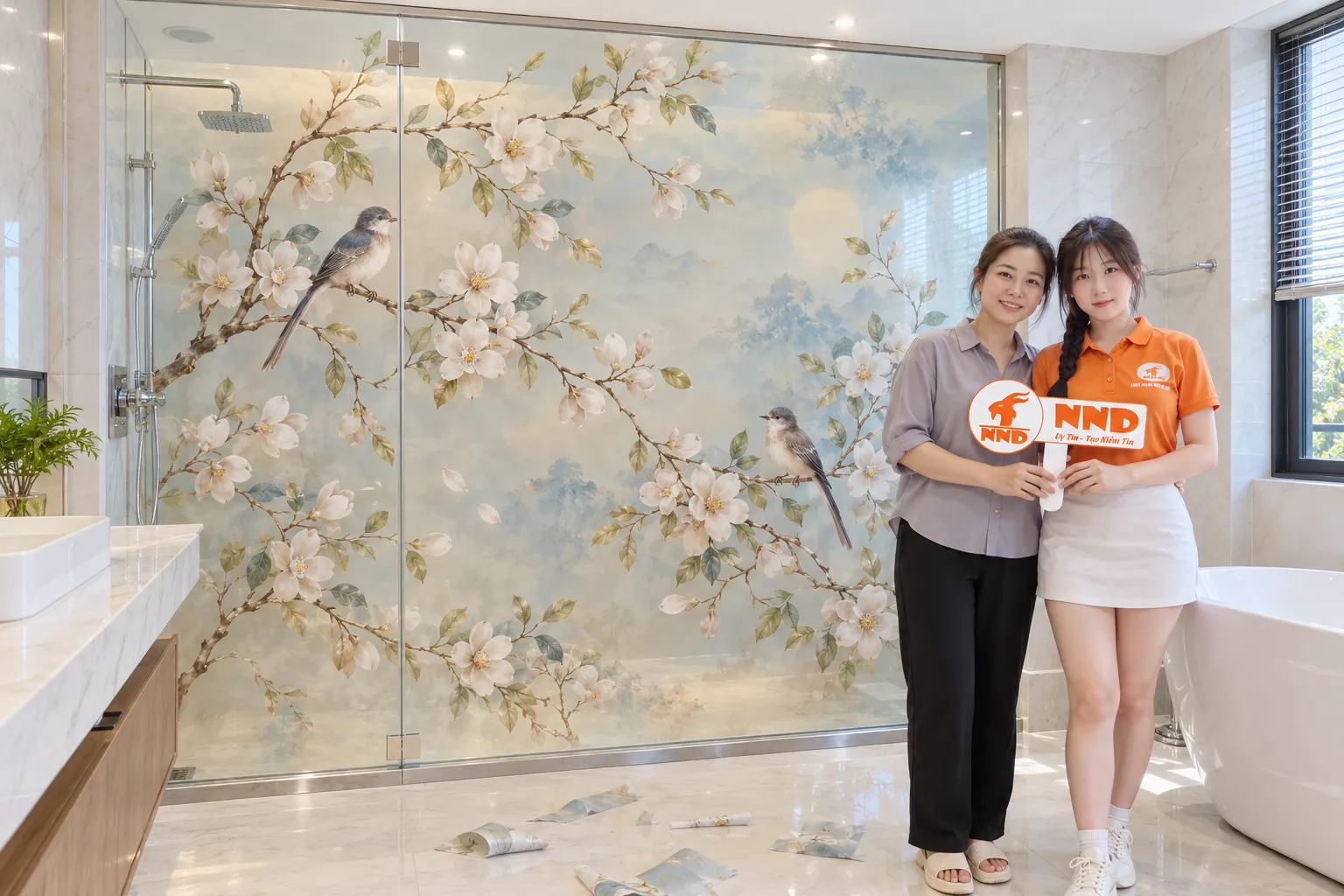 Tranh dán kính 3D hoa lá trang trí vách kính phòng tắm