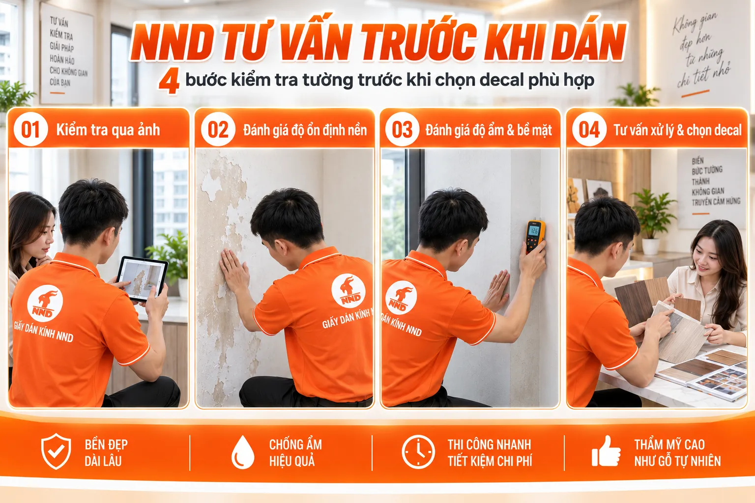 Quy trình NND kiểm tra độ ổn định độ ẩm bề mặt và tư vấn decal vân gỗ trước khi thi công