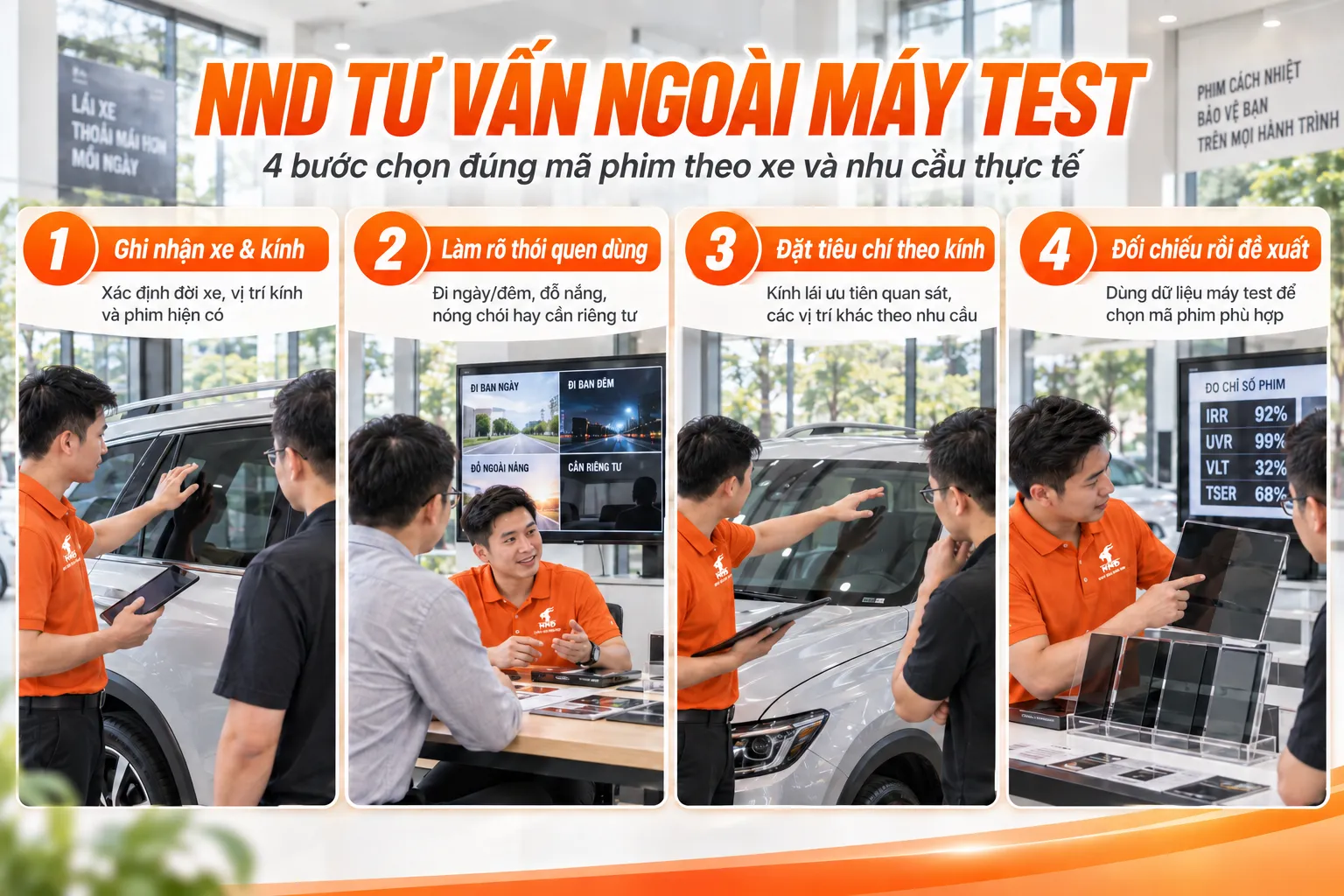 Quy trình NND tư vấn chọn phim cách nhiệt ô tô theo xe, vị trí kính và kết quả máy test