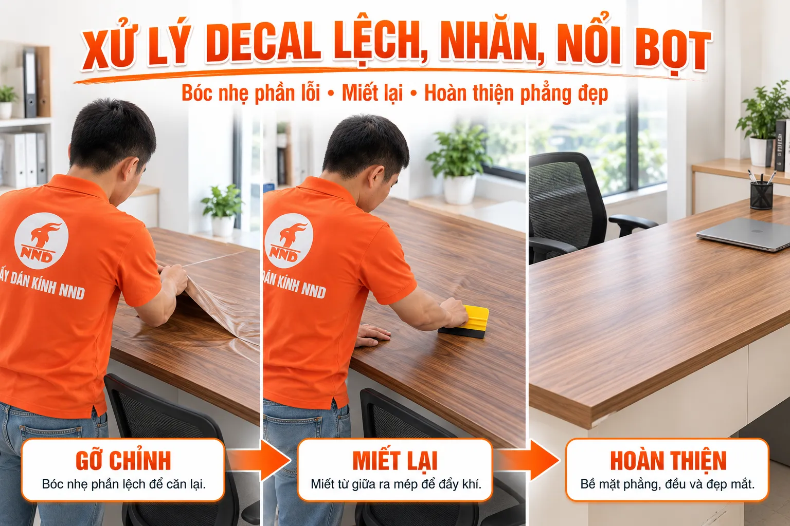 Cách bóc chỉnh và miết lại decal vân gỗ khi bị lệch nhăn hoặc nổi bọt khí