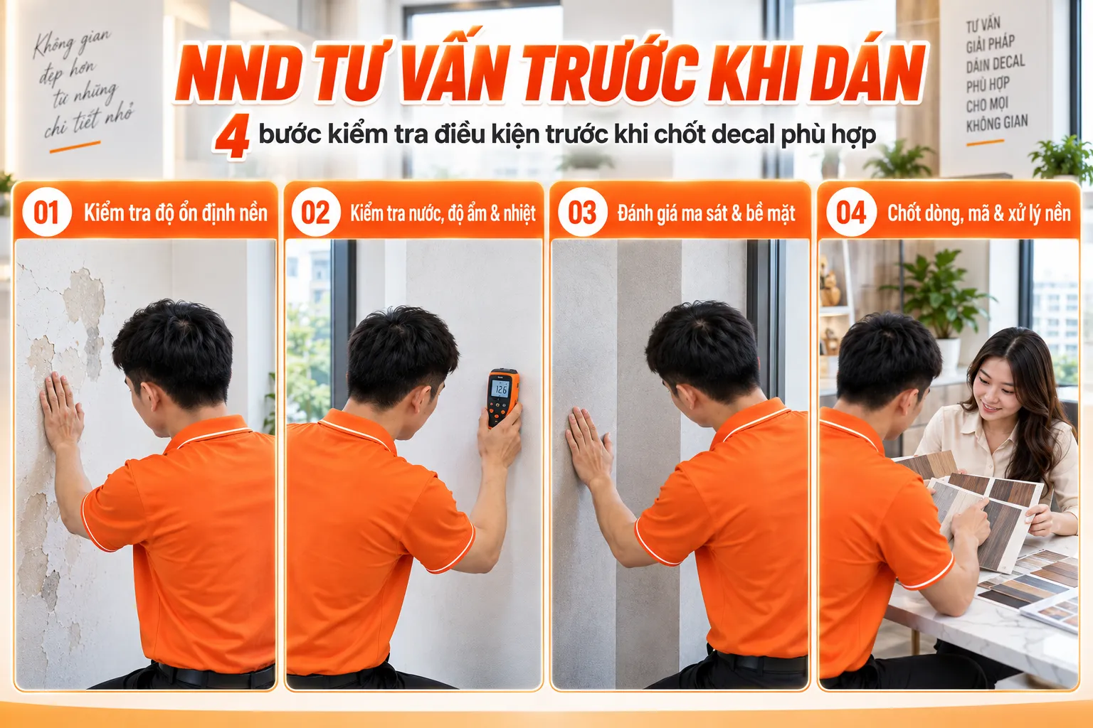Quy trình NND kiểm tra nền độ ẩm nhiệt ma sát và tư vấn decal vân gỗ phù hợp