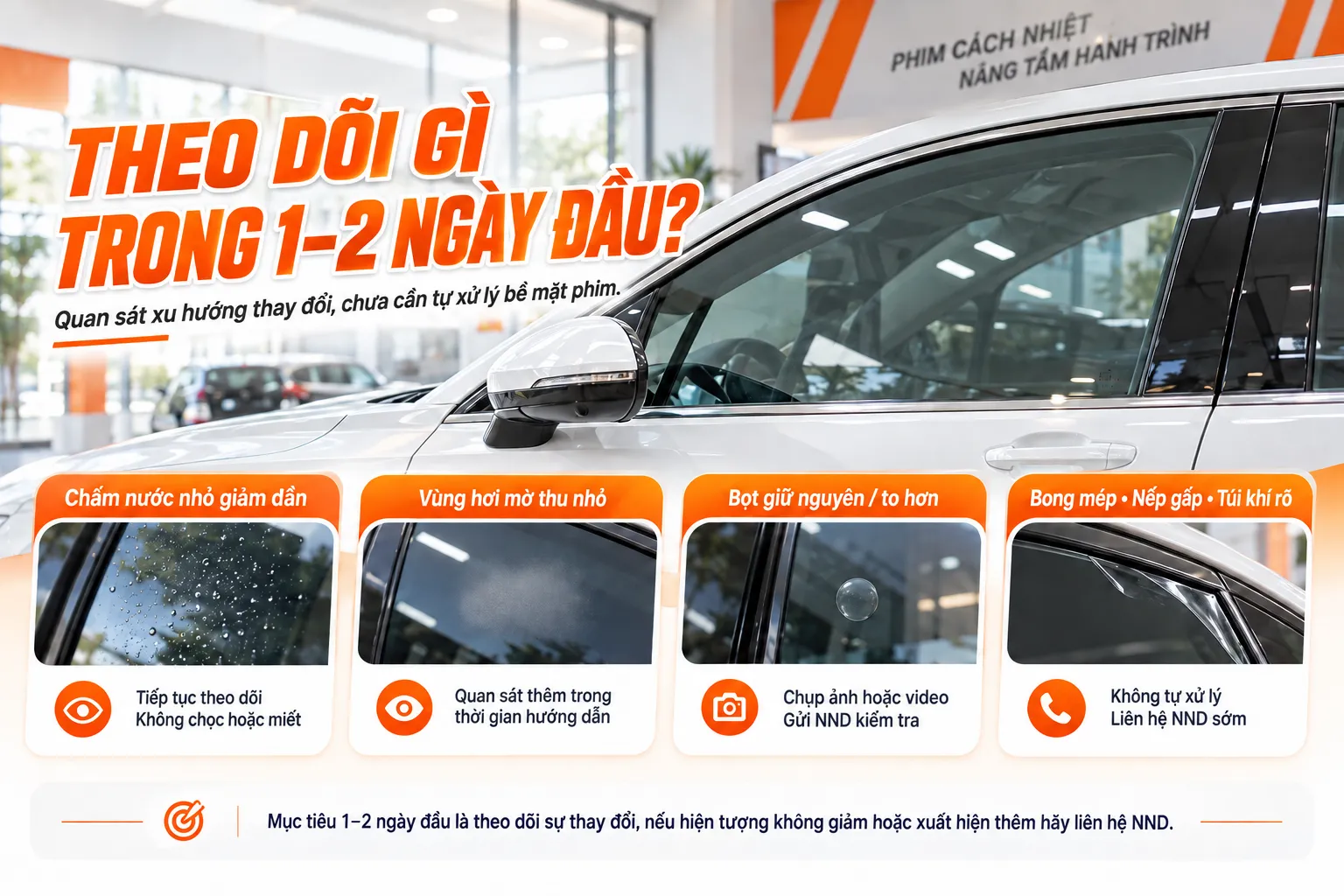 Hướng dẫn theo dõi bọt nước trên phim cách nhiệt ô tô trong 1 đến 2 ngày đầu sau khi dán