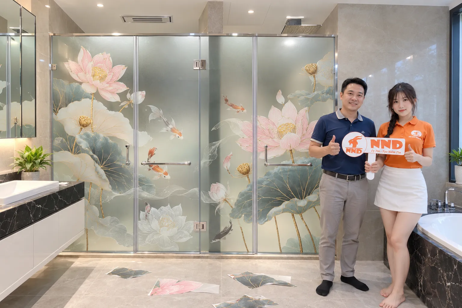 Mẫu tranh dán kính 3D hoa sen cá koi cho vách kính phòng tắm