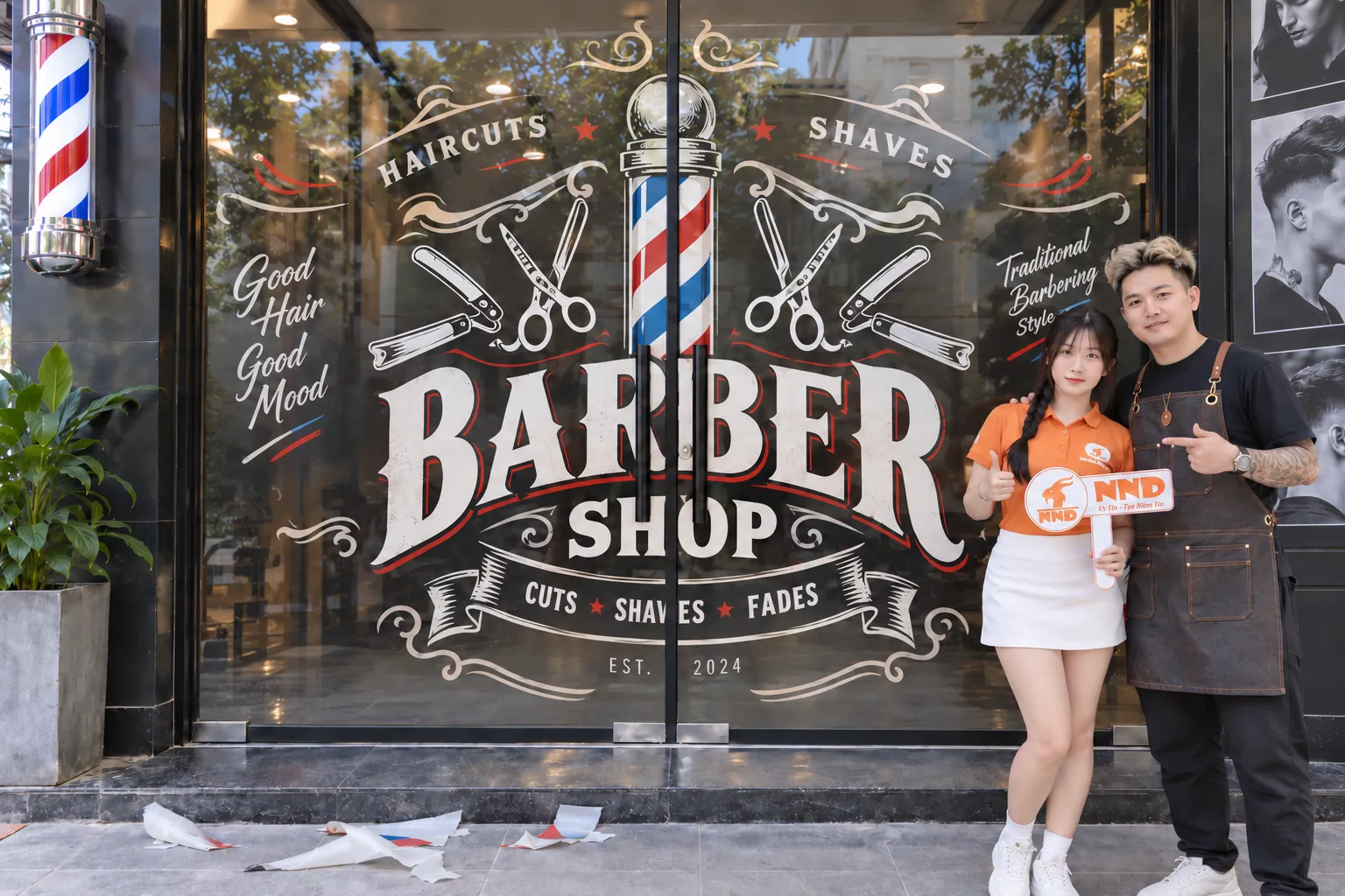 Công trình tranh dán kính 3D Barber Shop sau khi NND thi công hoàn thiện