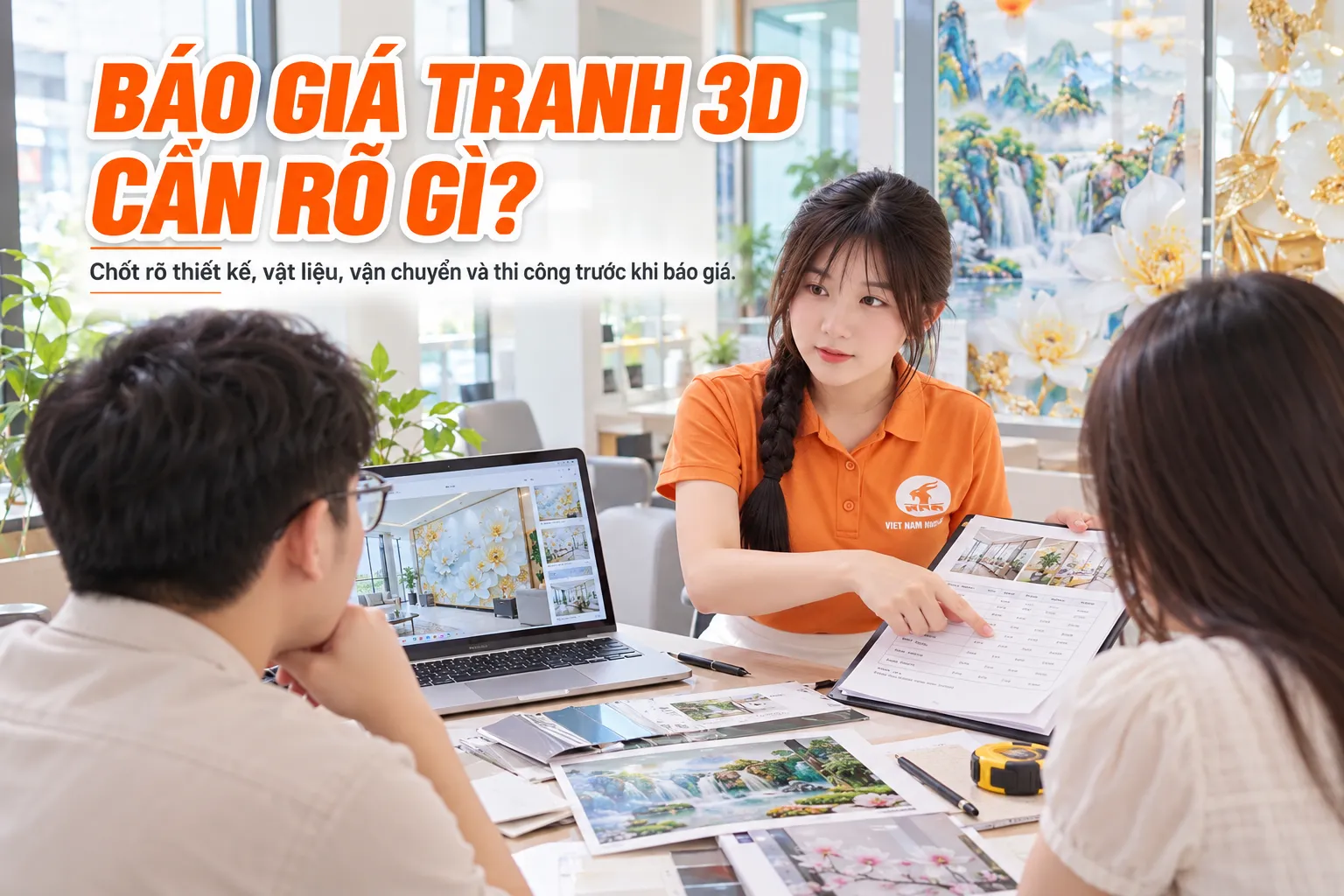 Nhân viên NND tư vấn báo giá tranh dán kính 3D cho khách hàng