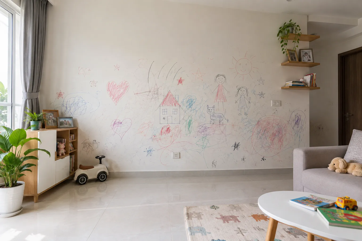 Tường nhà chị Giang có nhiều nét bút vẽ của trẻ nhỏ trước khi dán decal vân gỗ D5