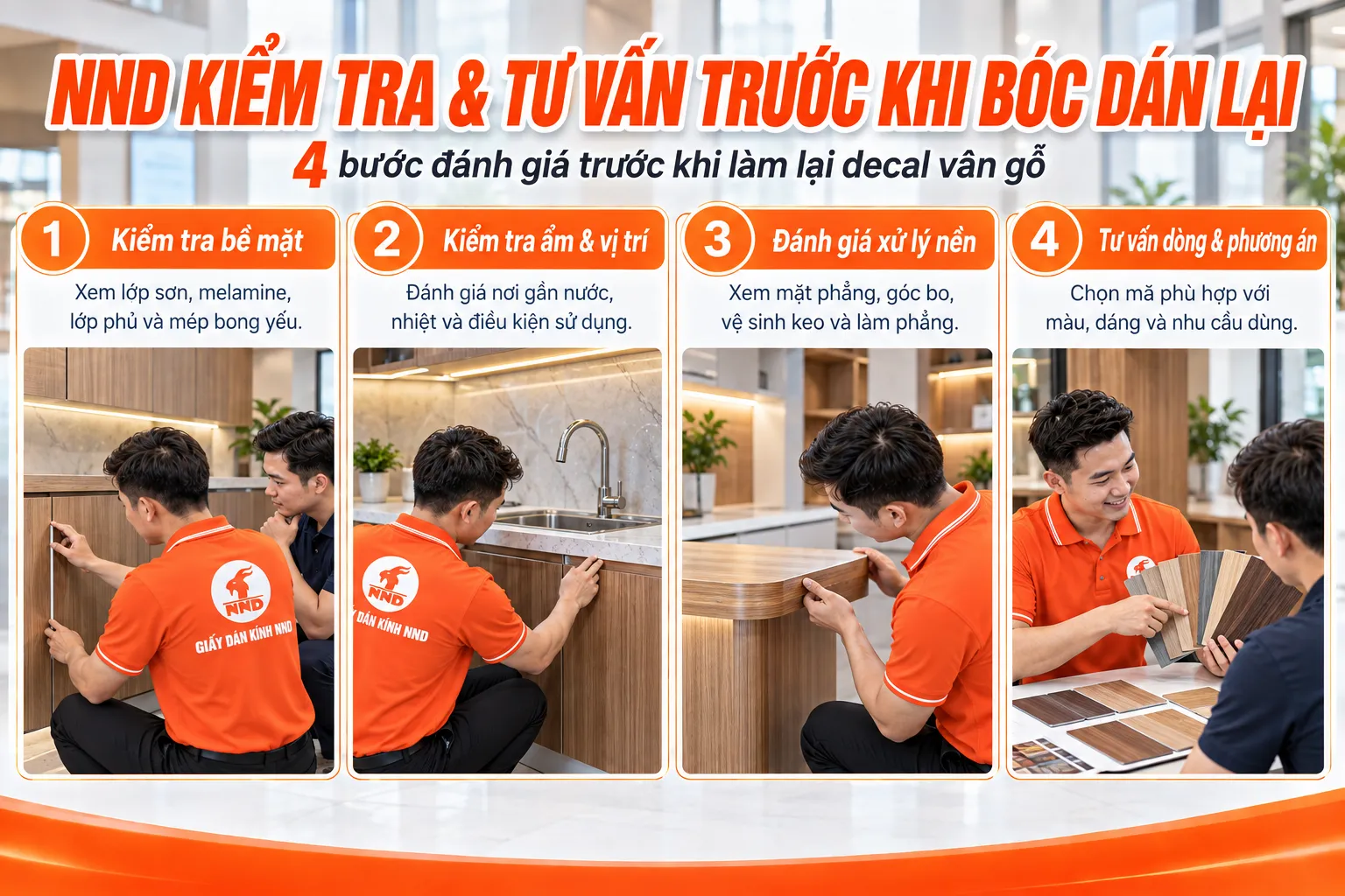 Quy trình NND kiểm tra bề mặt độ ẩm xử lý nền và tư vấn decal vân gỗ trước khi dán lại