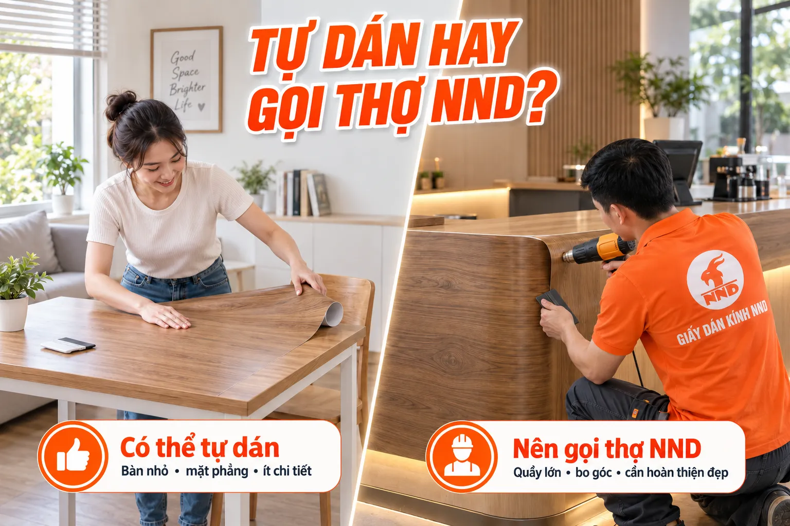 So sánh tự dán decal vân gỗ trên mặt phẳng và gọi thợ NND khi bề mặt có góc bo phức tạp