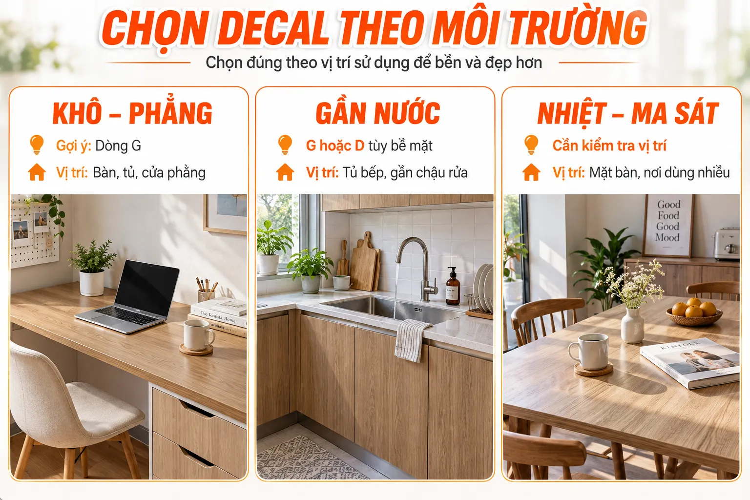 Hướng dẫn chọn decal vân gỗ theo môi trường khô phẳng gần nước nhiệt và ma sát