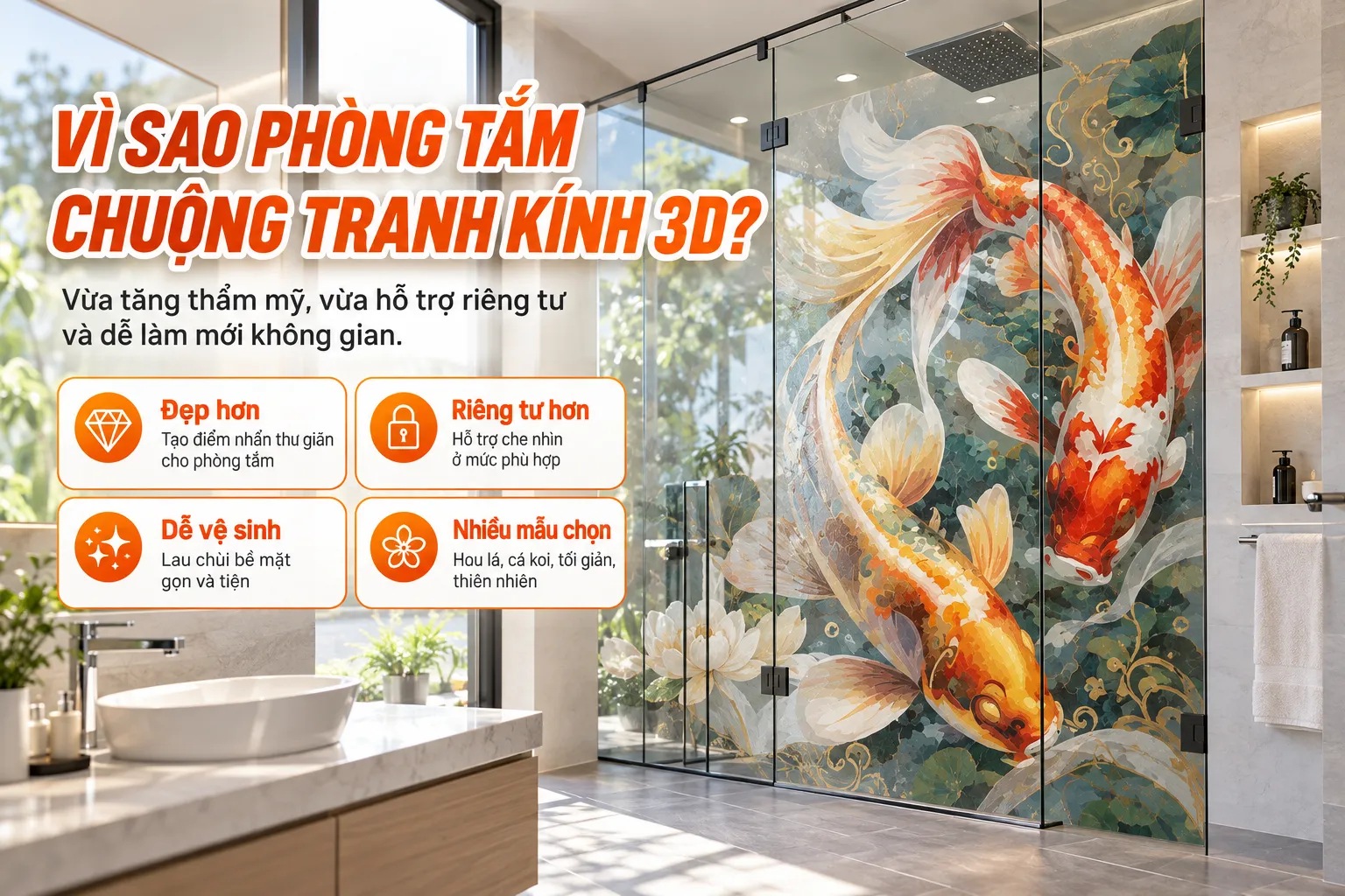 Lợi ích của tranh dán kính 3D phòng tắm về thẩm mỹ và riêng tư