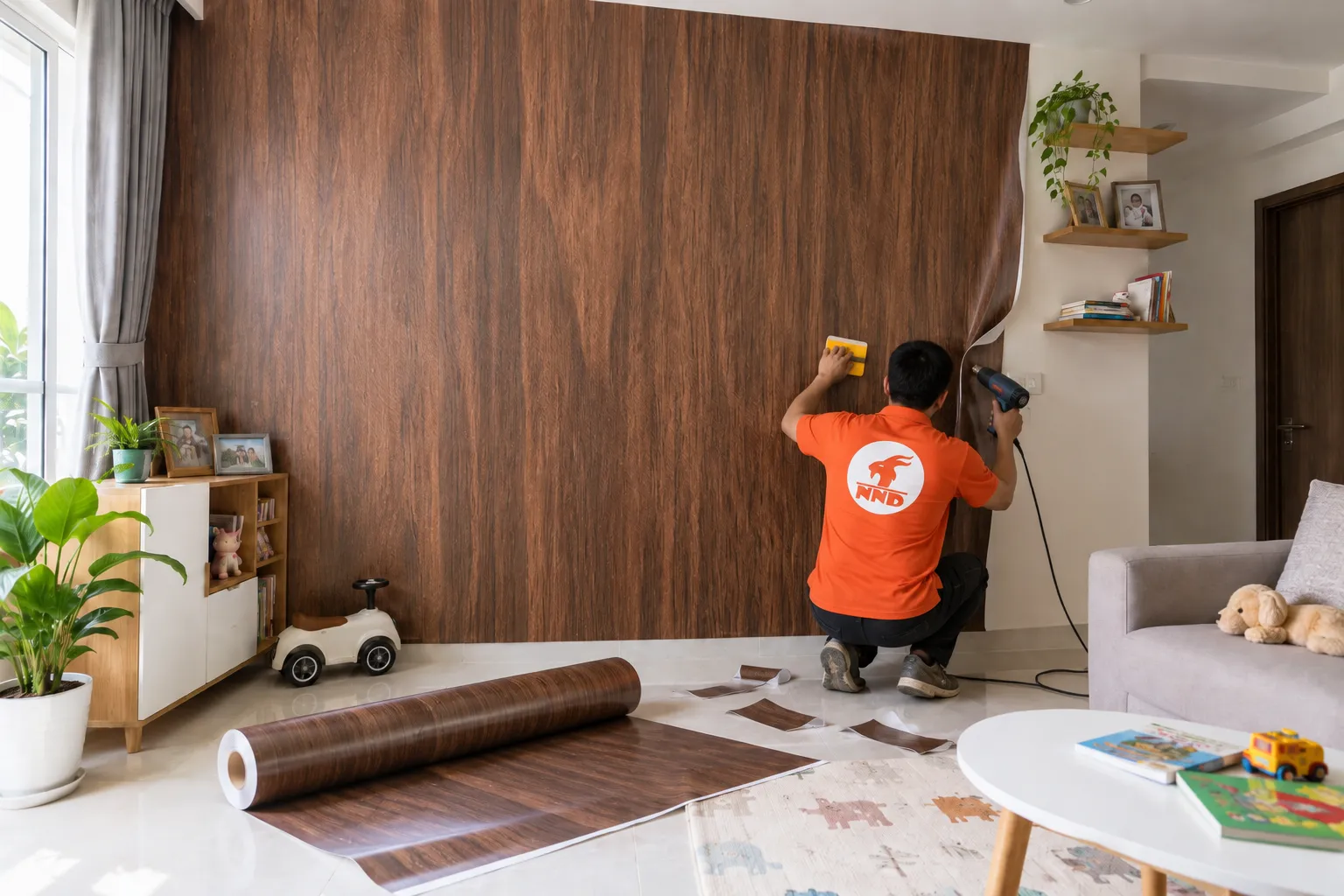 Thợ NND thi công decal vân gỗ D5 che bề mặt tường có nhiều nét bút tại nhà chị Giang