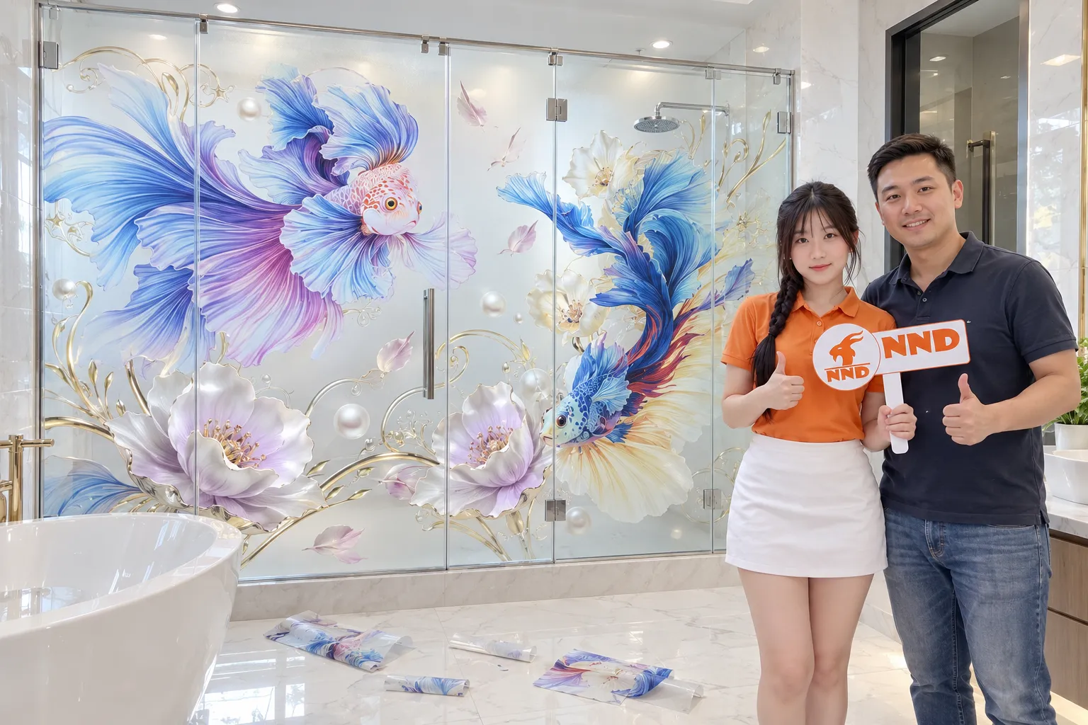 Tranh dán kính 3D cá nghệ thuật trang trí phòng tắm hiện đại