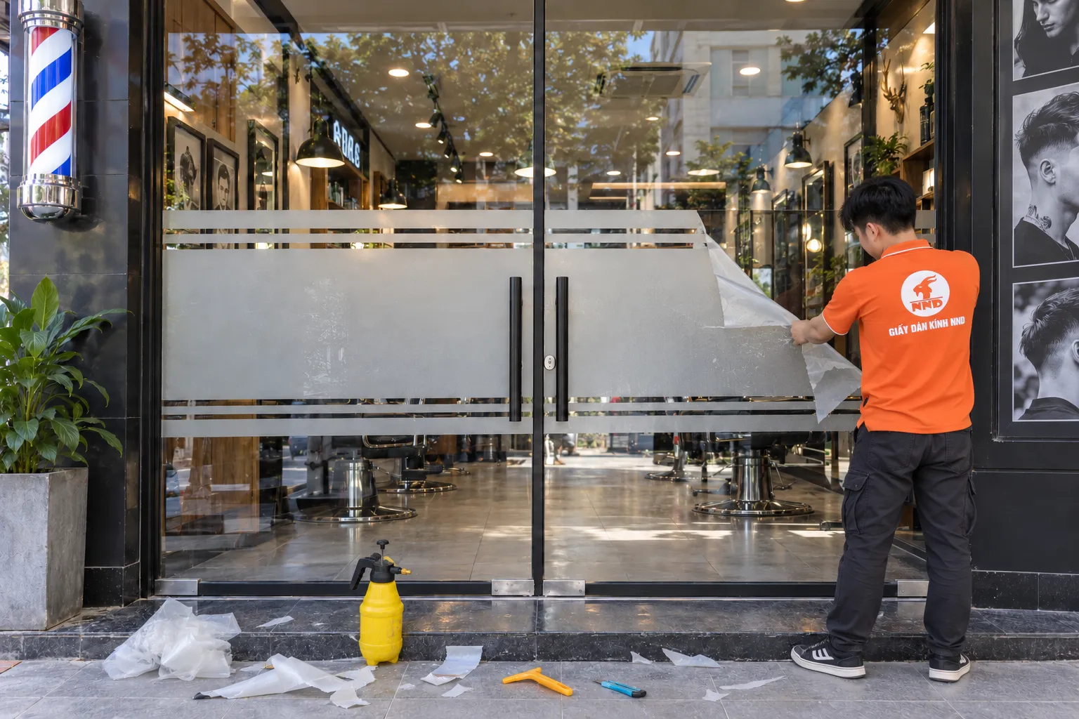Thợ NND bóc decal mờ cũ trên cửa kính Barber Shop trước khi thi công