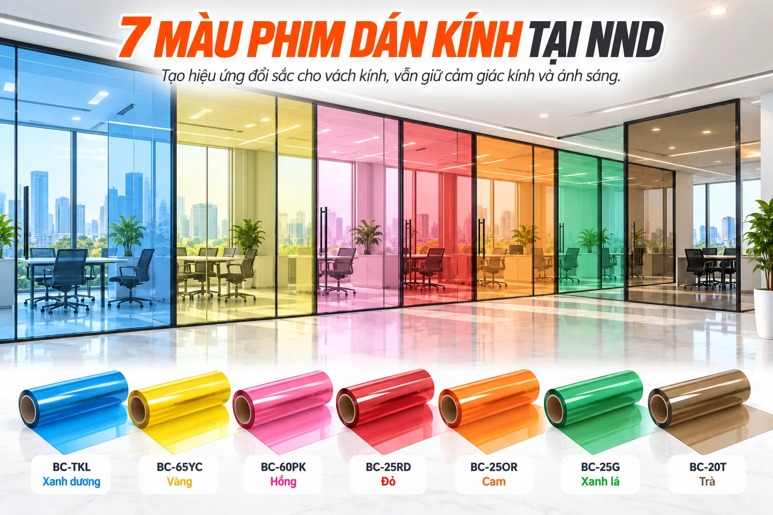 7 màu phim dán kính tại NND gồm xanh vàng hồng đỏ cam xanh lá và trà