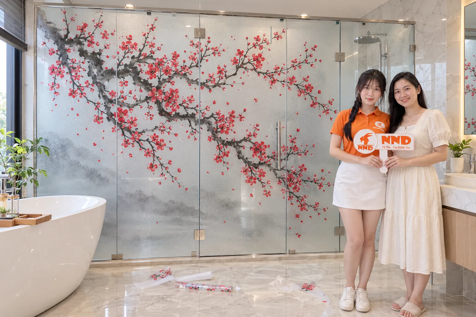 Tranh dán kính 3D hoa đào giúp trang trí và che nhìn phòng tắm