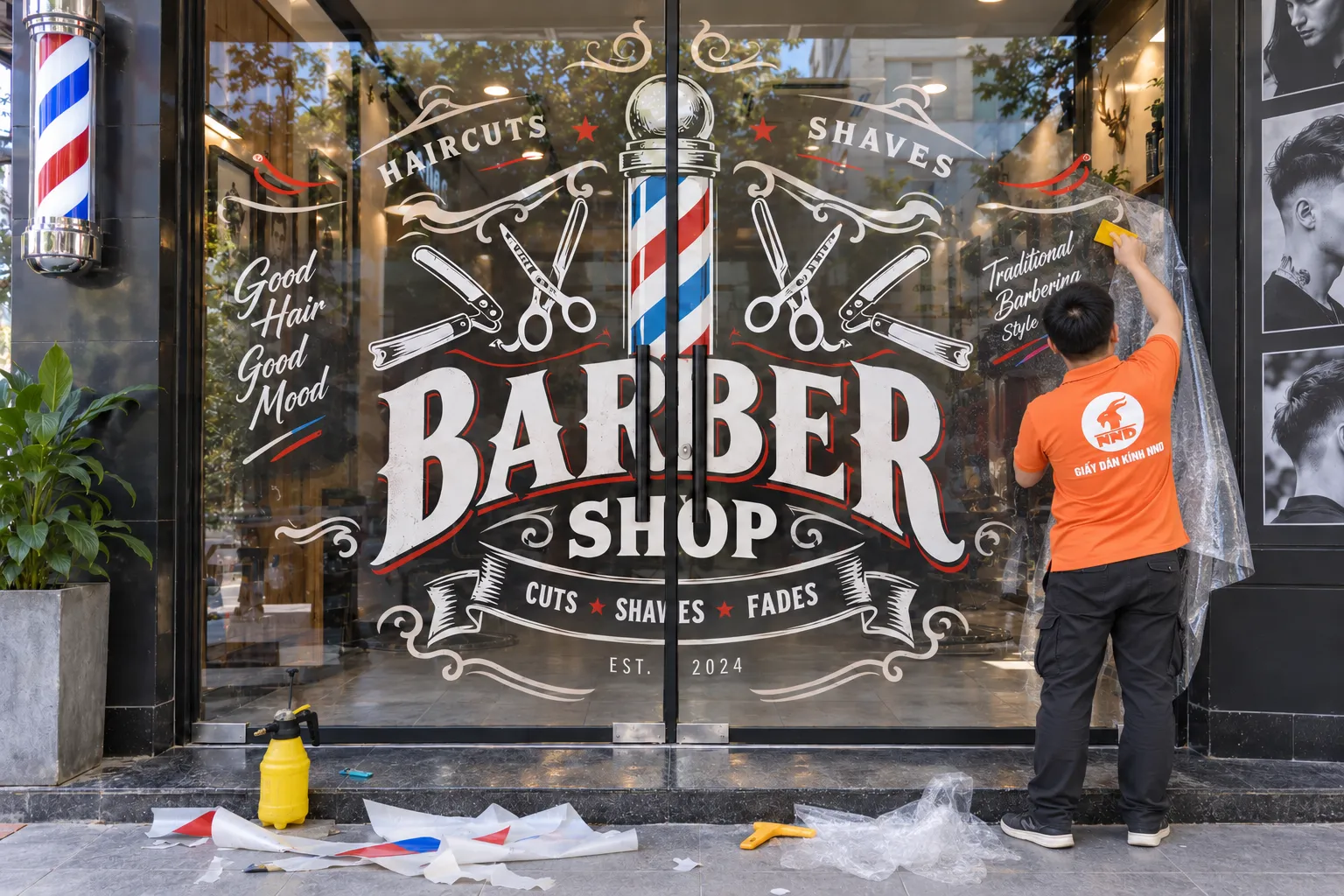 Thợ NND thi công tranh dán kính 3D Barber Shop trên cửa kính thực tế