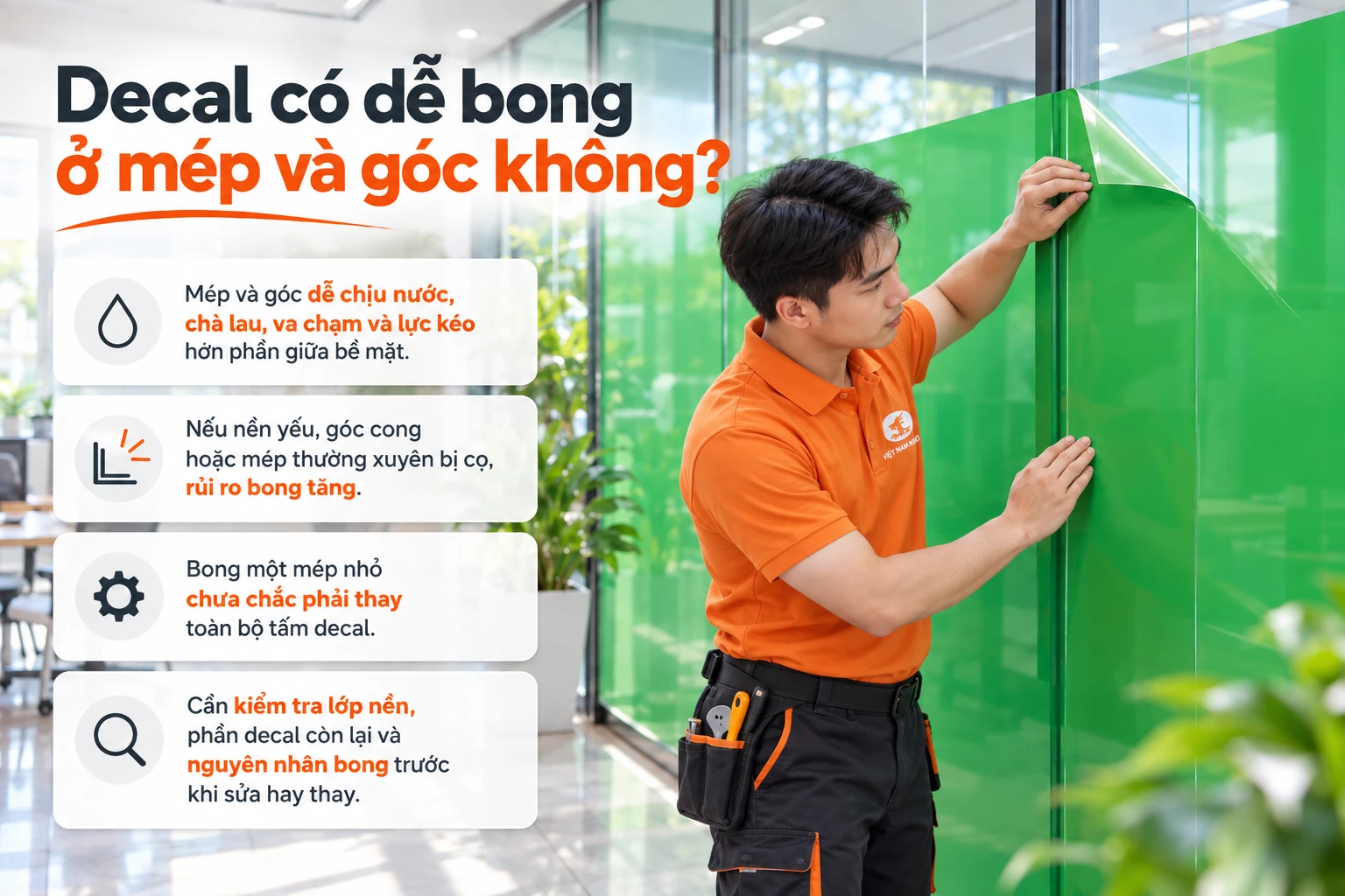 Decal có thể bong ở mép và góc khi chịu ma sát hoặc ẩm