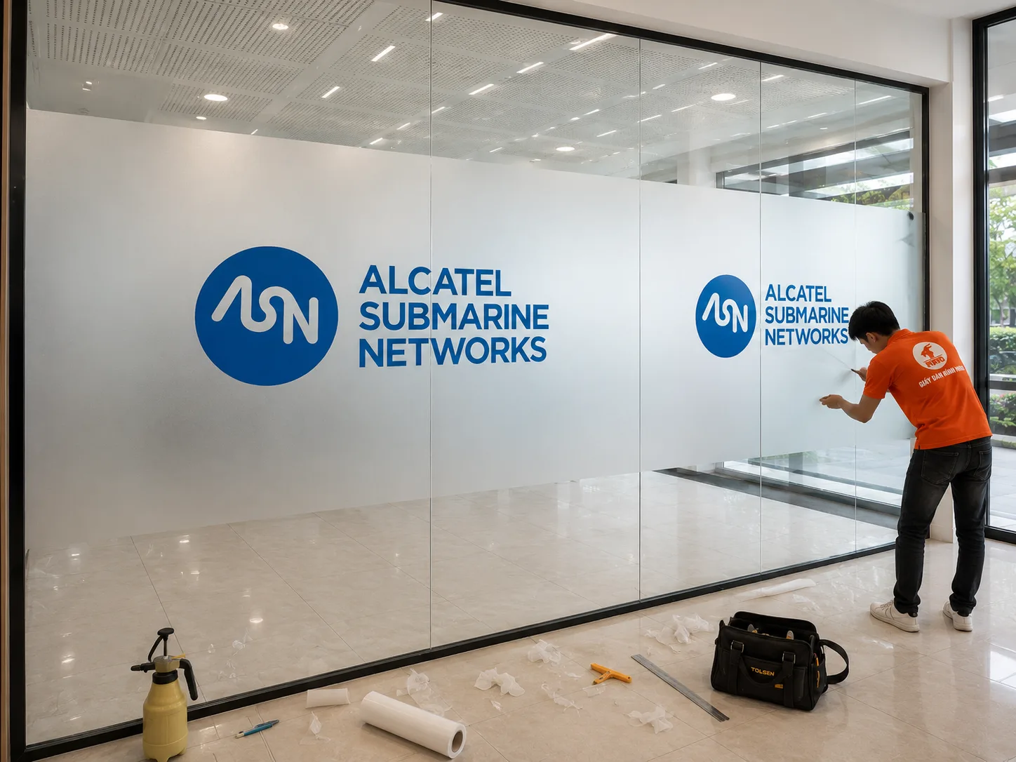 Thi công decal mờ in logo Alcatel Submarine Networks trên vách kính
