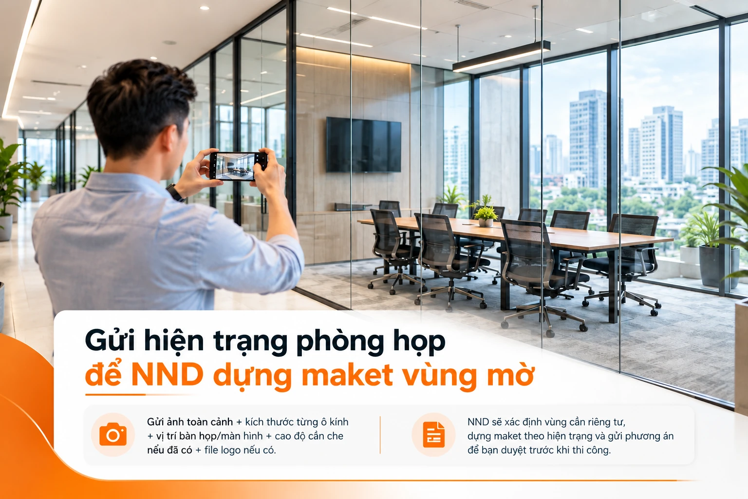 Gửi hiện trạng để tư vấn dán decal mờ phòng họp kính