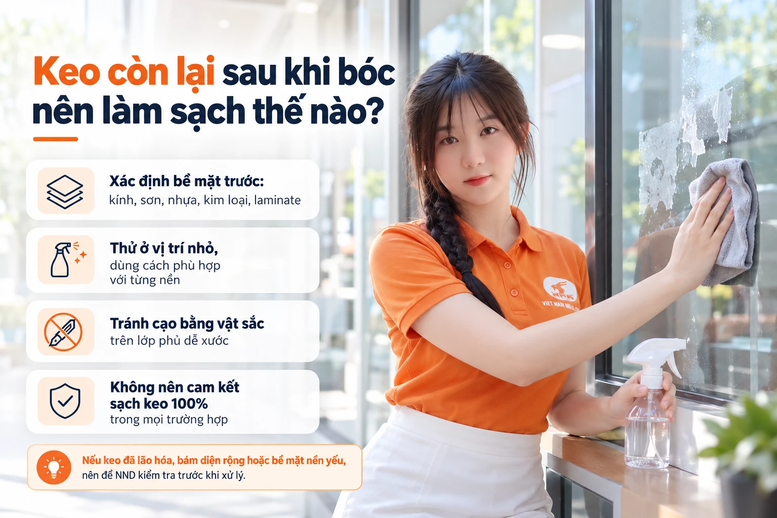 Làm sạch keo còn lại sau khi bóc decal theo từng bề mặt