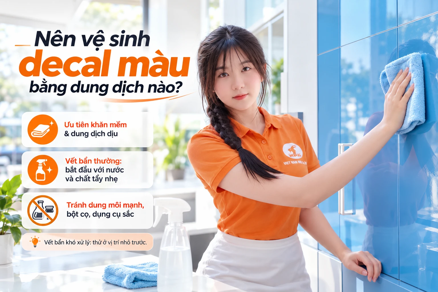 Vệ sinh decal màu bằng khăn mềm và dung dịch phù hợp