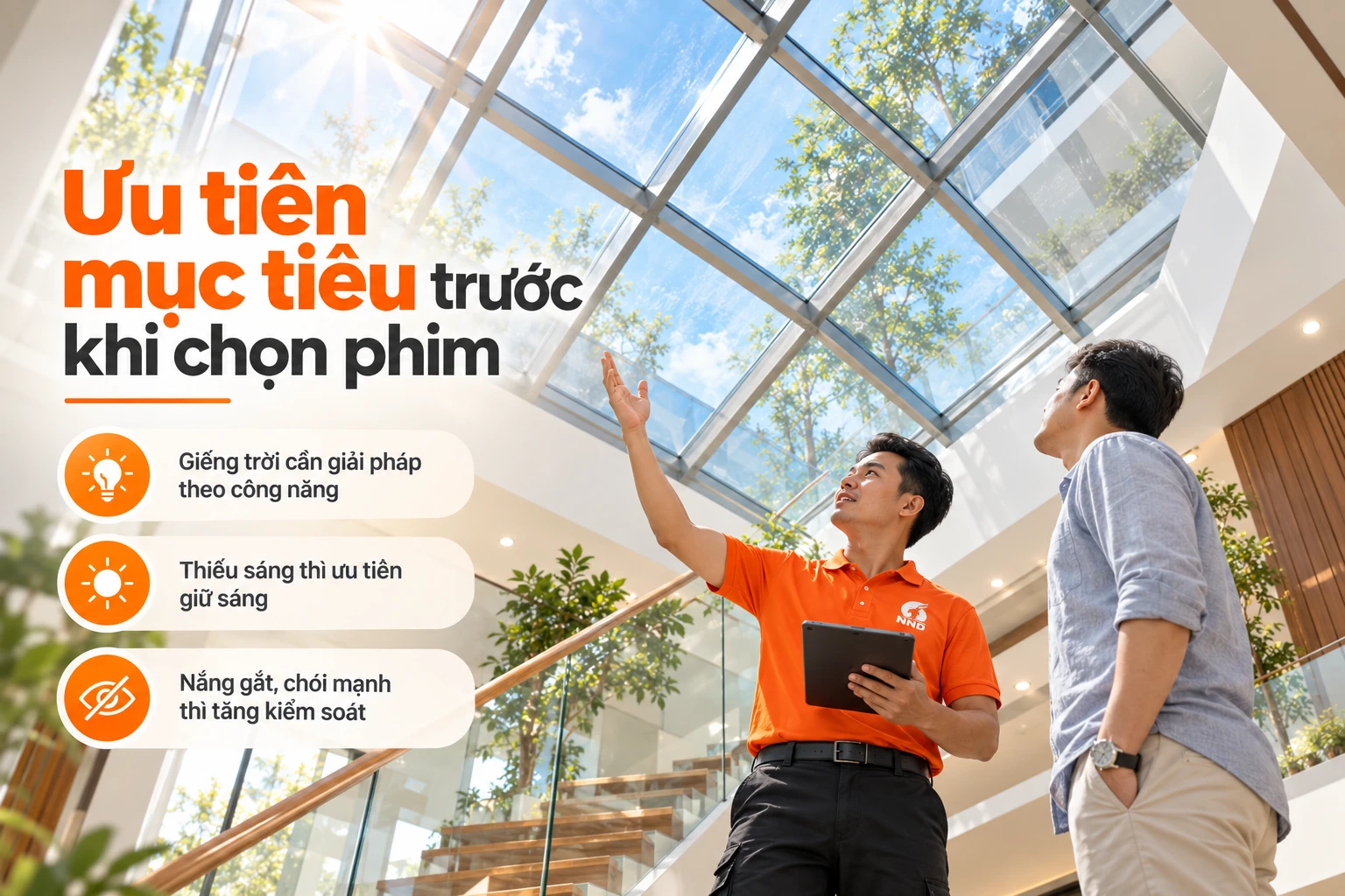 Xác định mục tiêu giữ sáng và giảm chói trước khi chọn phim giếng trời
