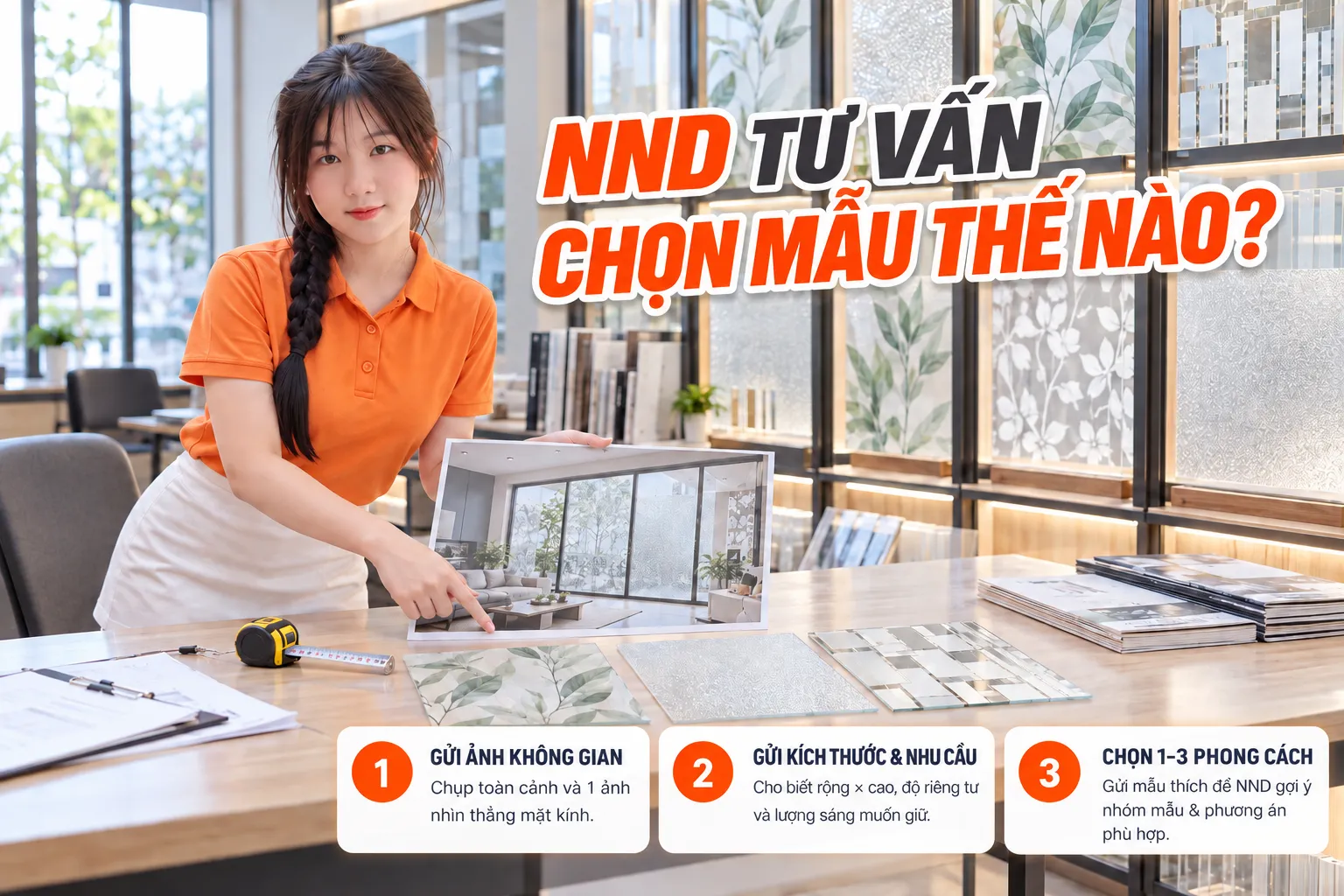 Infographic quy trình NND tư vấn chọn mẫu giấy dán kính từ ảnh không gian, kích thước, nhu cầu riêng tư đến 1–3 phong cách phù hợp