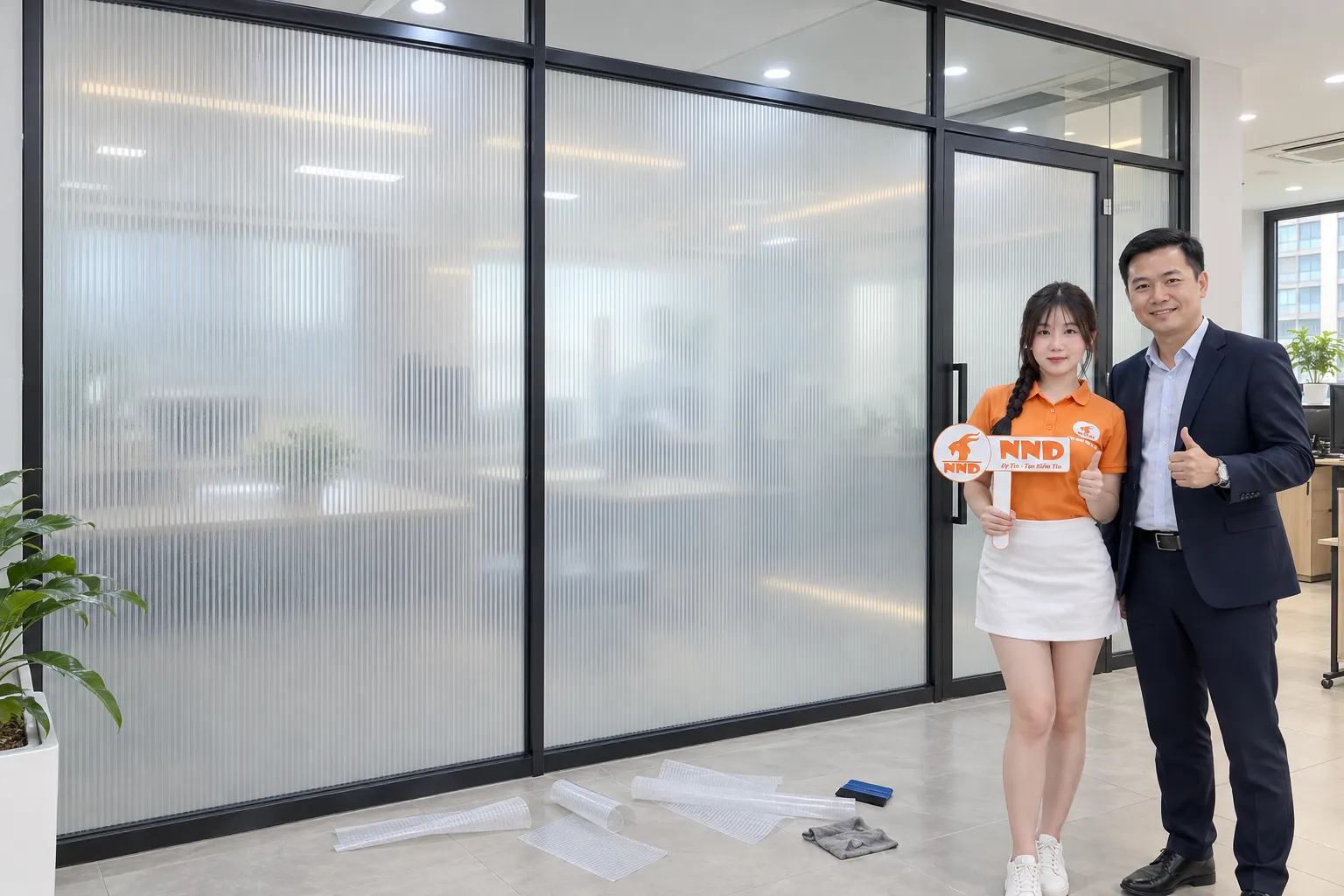 Giấy dán kính trang trí sọc mờ hoàn thiện trên vách kính văn phòng
