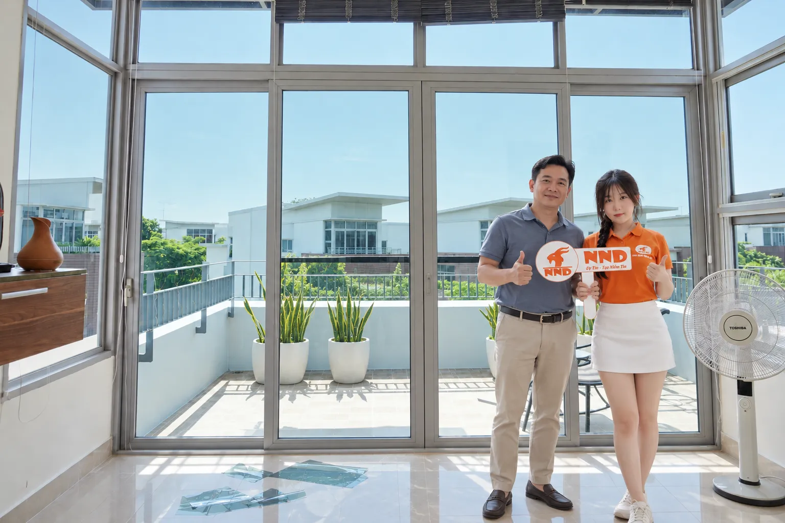 Khách hàng chụp ảnh cùng nhân viên NND sau khi hoàn thiện dán phim cách nhiệt biệt thự Gamuda Gardens