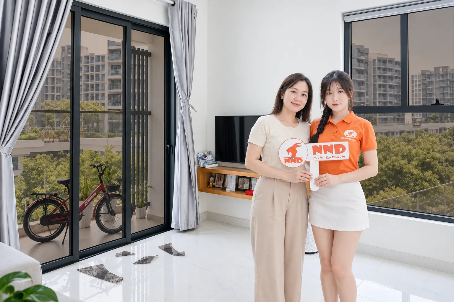 Khách hàng và nhân viên NND tại căn hộ Vinhomes Grand Park sau khi hoàn thiện dán phim