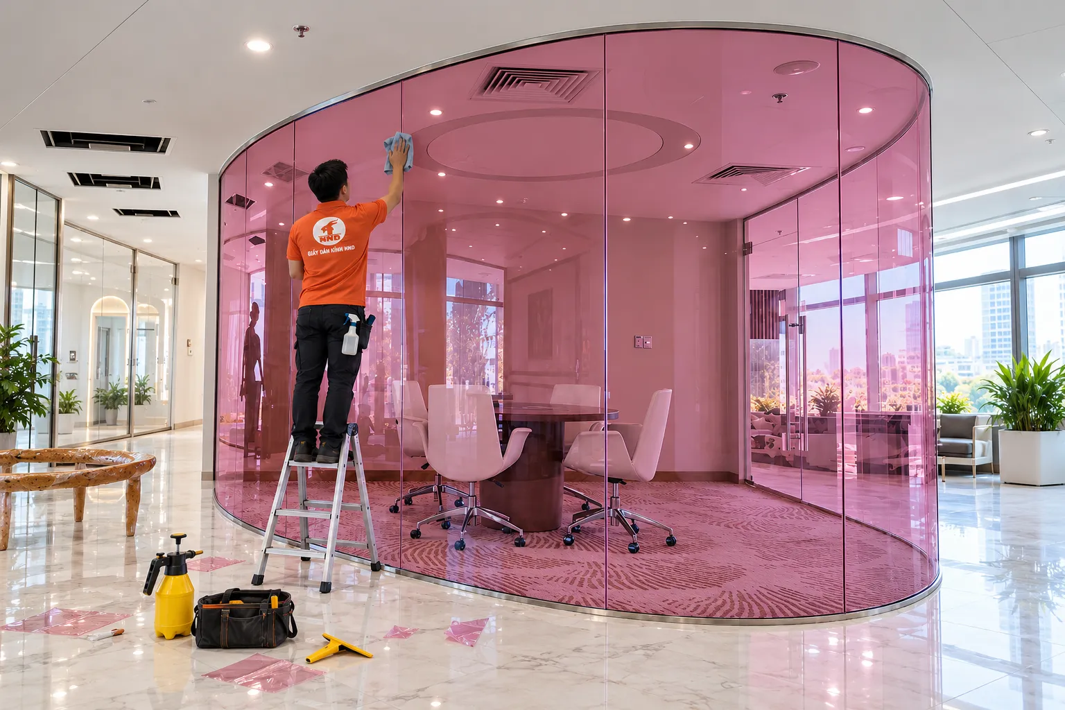Thợ NND thi công phim dán kính màu hồng cho vách kính cong phòng họp