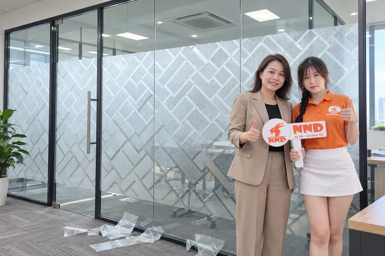 Khách hàng chụp ảnh cùng nhân viên NND trước vách kính văn phòng dán giấy trang trí hình học mờ sau khi hoàn thiện