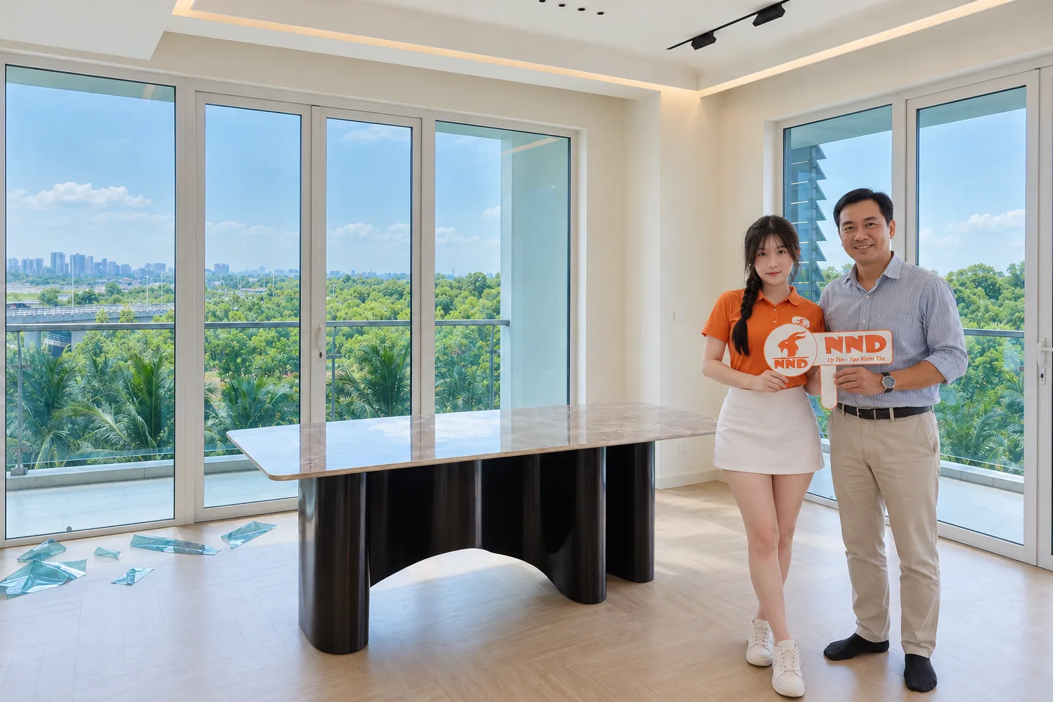 Khách hàng chụp ảnh cùng nhân viên NND sau khi hoàn thiện công trình dán phim cách nhiệt Mipec Riverside