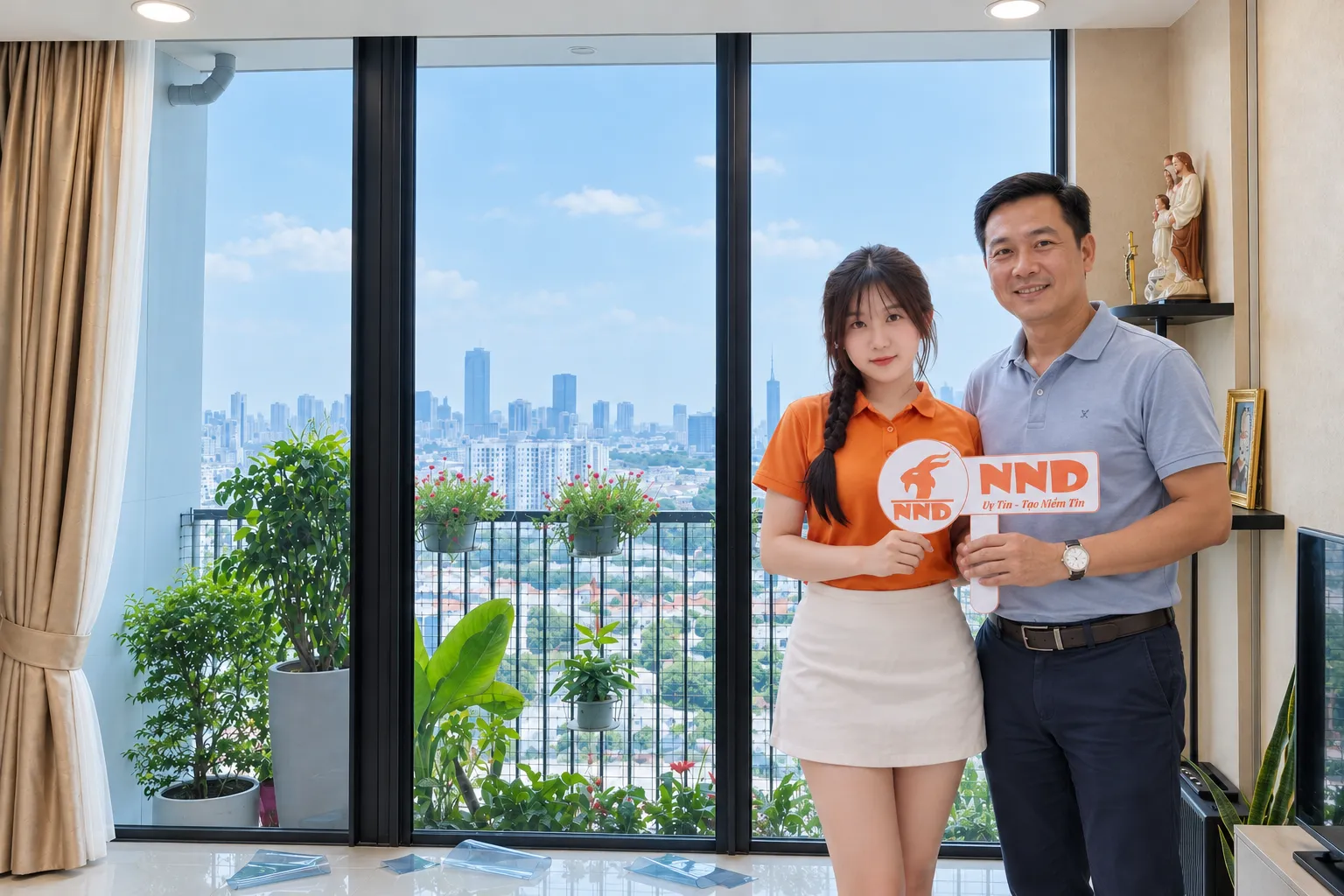 Khách hàng và nhân viên NND chụp ảnh sau khi hoàn thiện phim cách nhiệt tại Ecopark Văn Giang