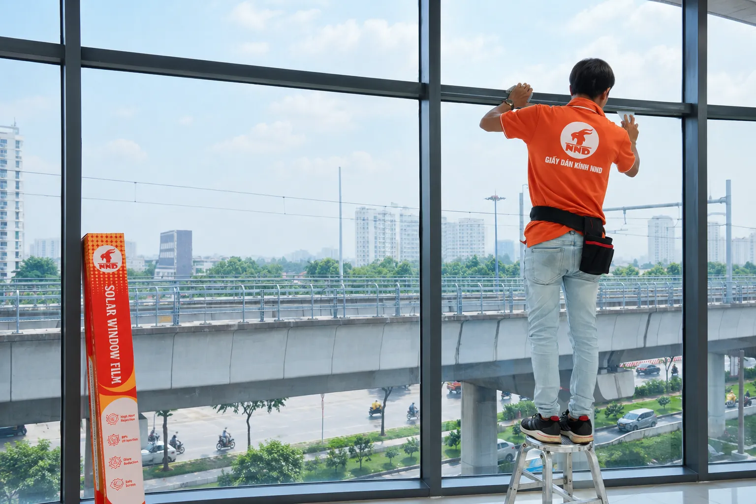 Kỹ thuật viên NND hoàn thiện mép phim cách nhiệt trên hệ kính tại tòa nhà Sun Square