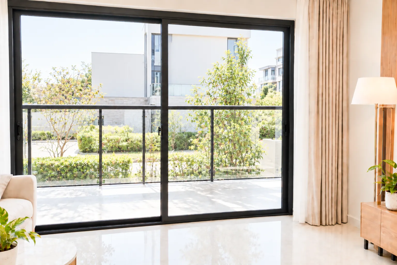 Cửa kính nhà ở trong suốt trước khi dán giấy dán kính trang trí