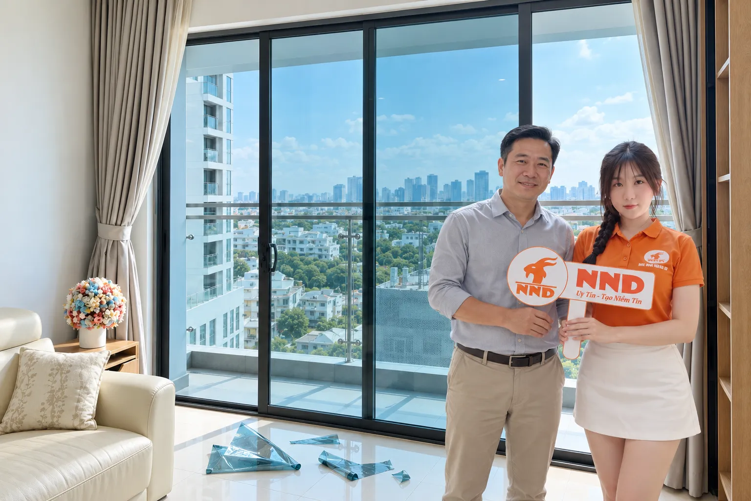 Khách hàng và nhân viên NND trước hệ cửa kính căn hộ Masteri West Heights sau khi hoàn thiện dán phim